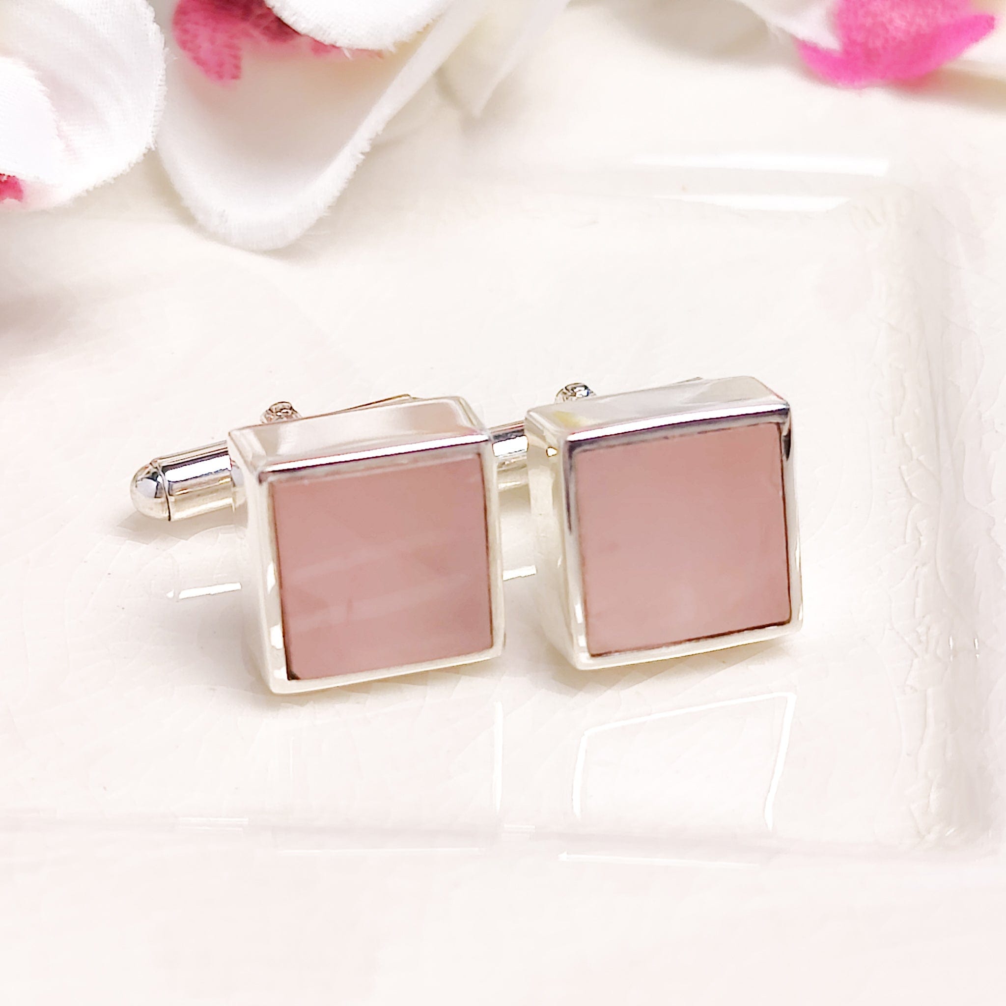 Hepburn and Hughes Rose Quartz Cufflinks | January Birthstone | Sterling Silver