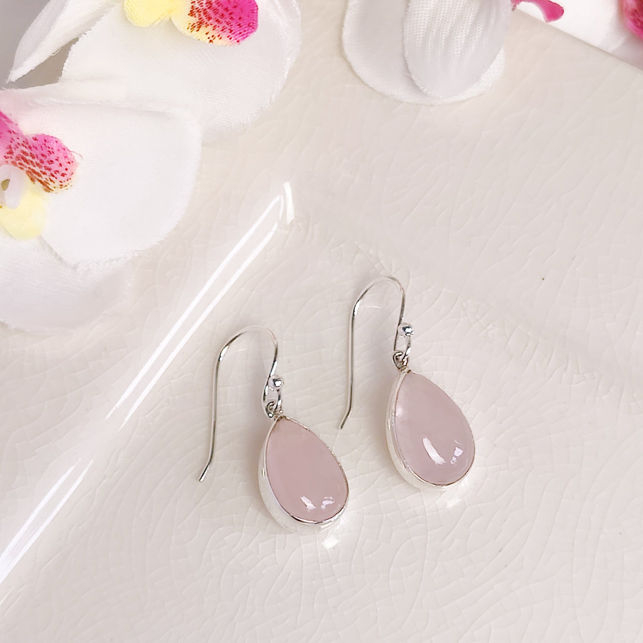 Hepburn and Hughes Rose Quartz Drop Earrings | 15mm Teardrop | January Gift | Sterling Silver