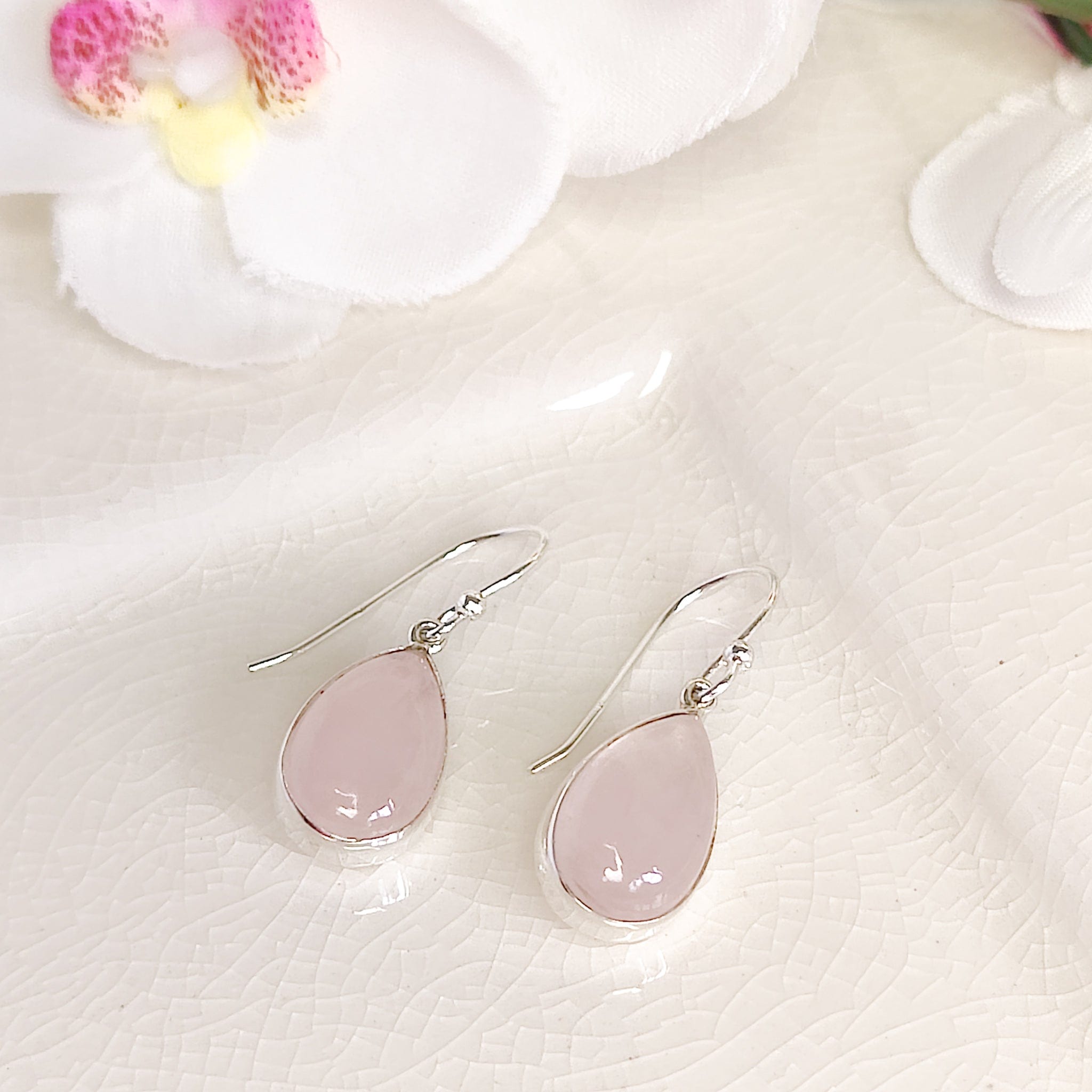 Hepburn and Hughes Rose Quartz Drop Earrings | 15mm Teardrop | January Gift | Sterling Silver