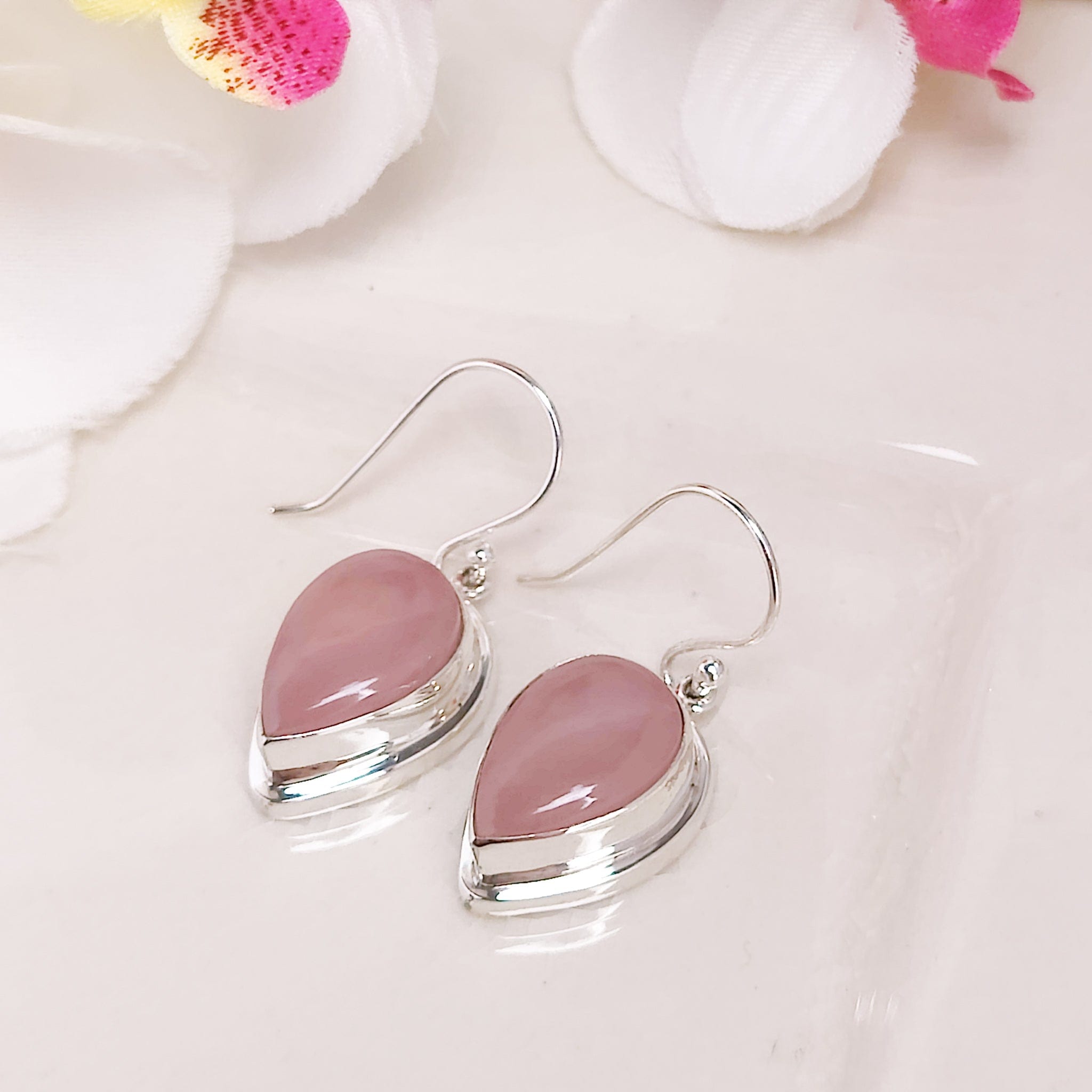 Hepburn and Hughes Rose Quartz Drop Earrings | Double Bezel Teardrop | Sterling Silver