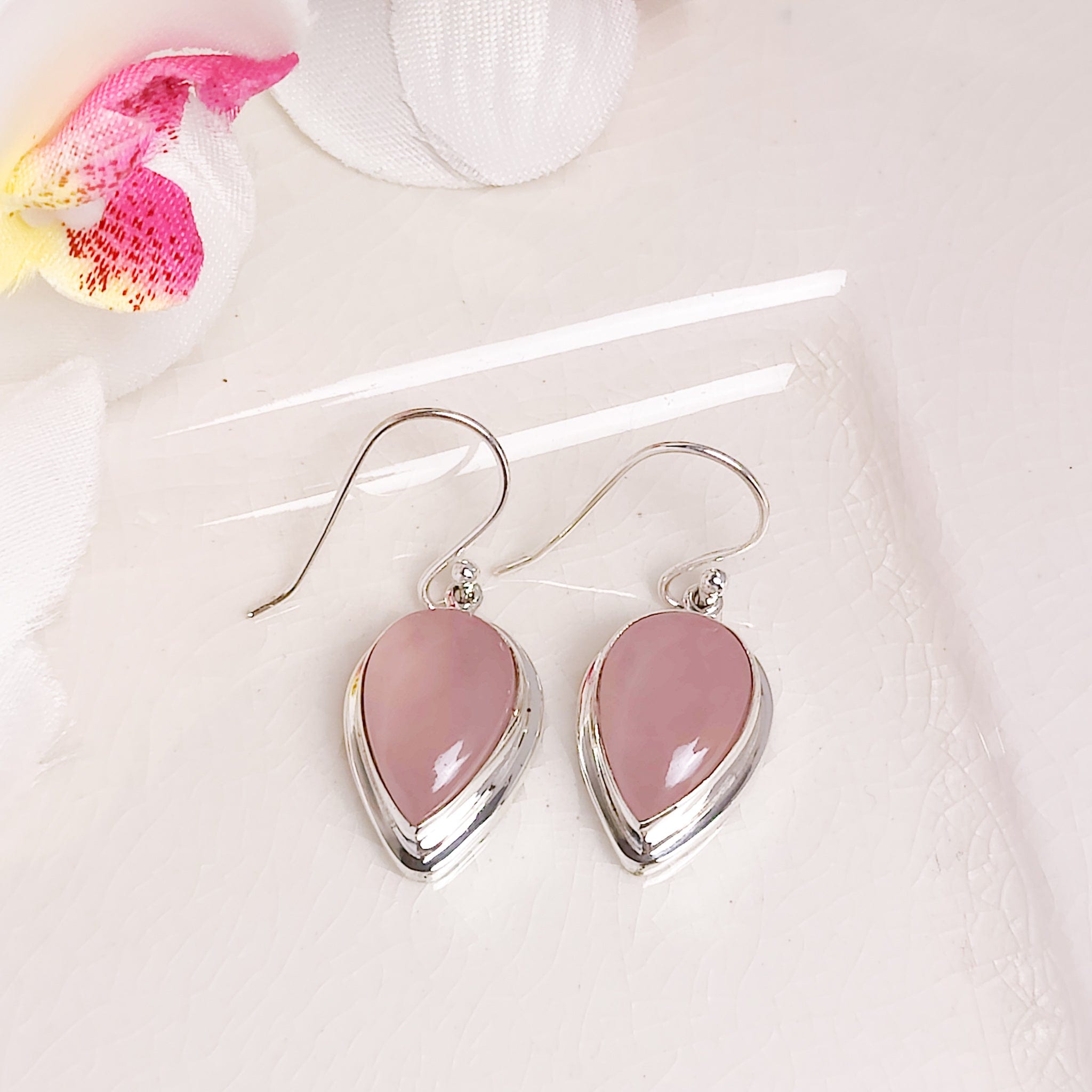 Hepburn and Hughes Rose Quartz Drop Earrings | Double Bezel Teardrop | Sterling Silver