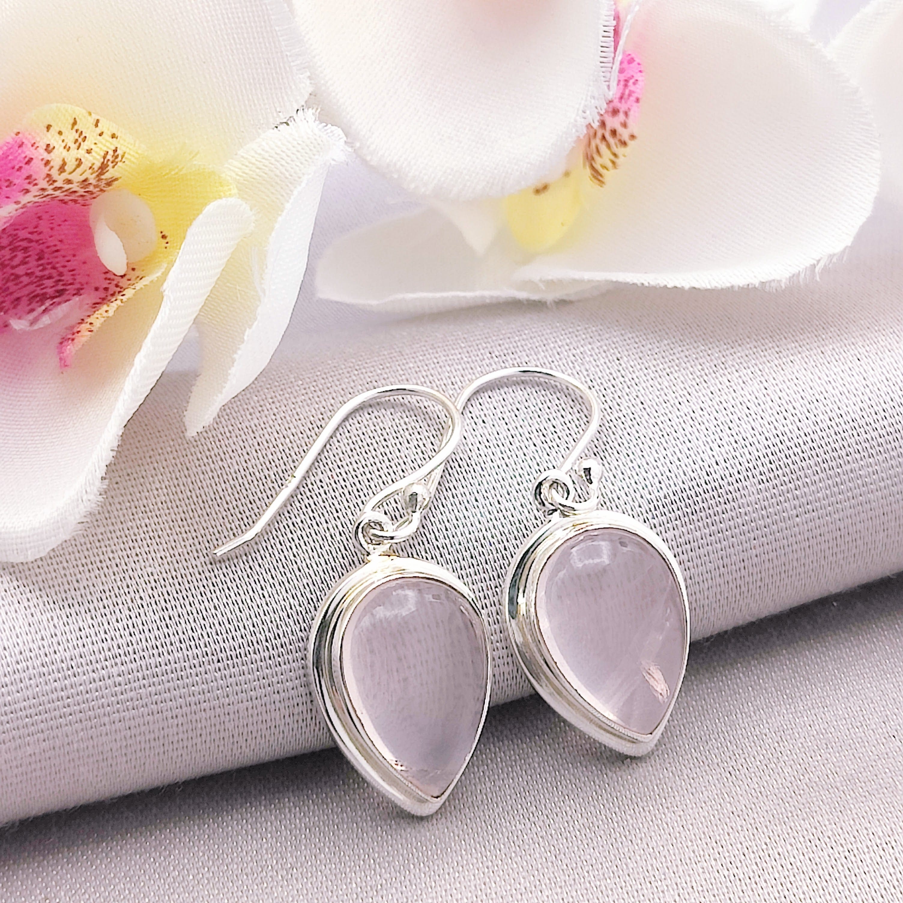 Hepburn and Hughes Rose Quartz Drop Earrings | Double Bezel Teardrop | Sterling Silver