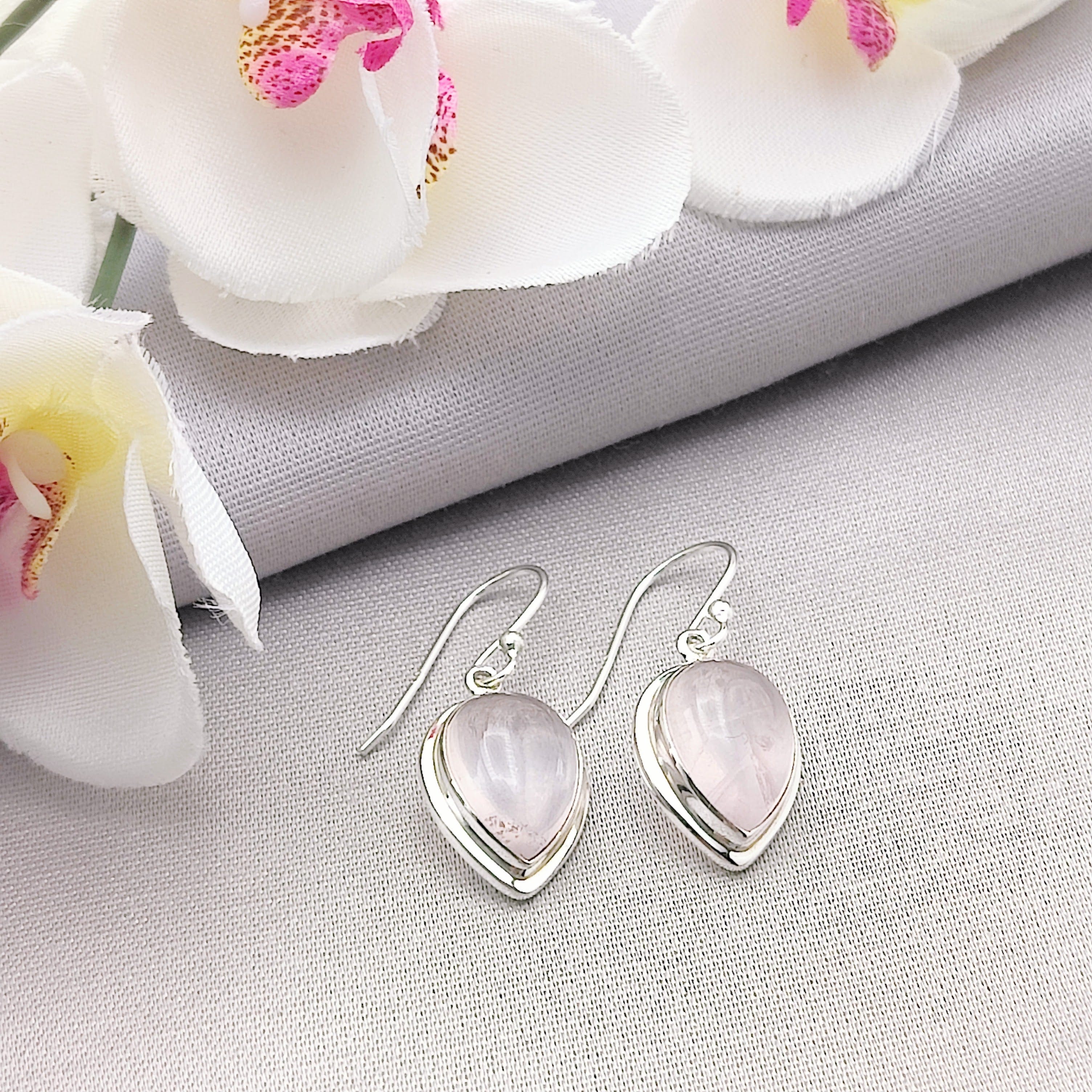 Hepburn and Hughes Rose Quartz Drop Earrings | Double Bezel Teardrop | Sterling Silver