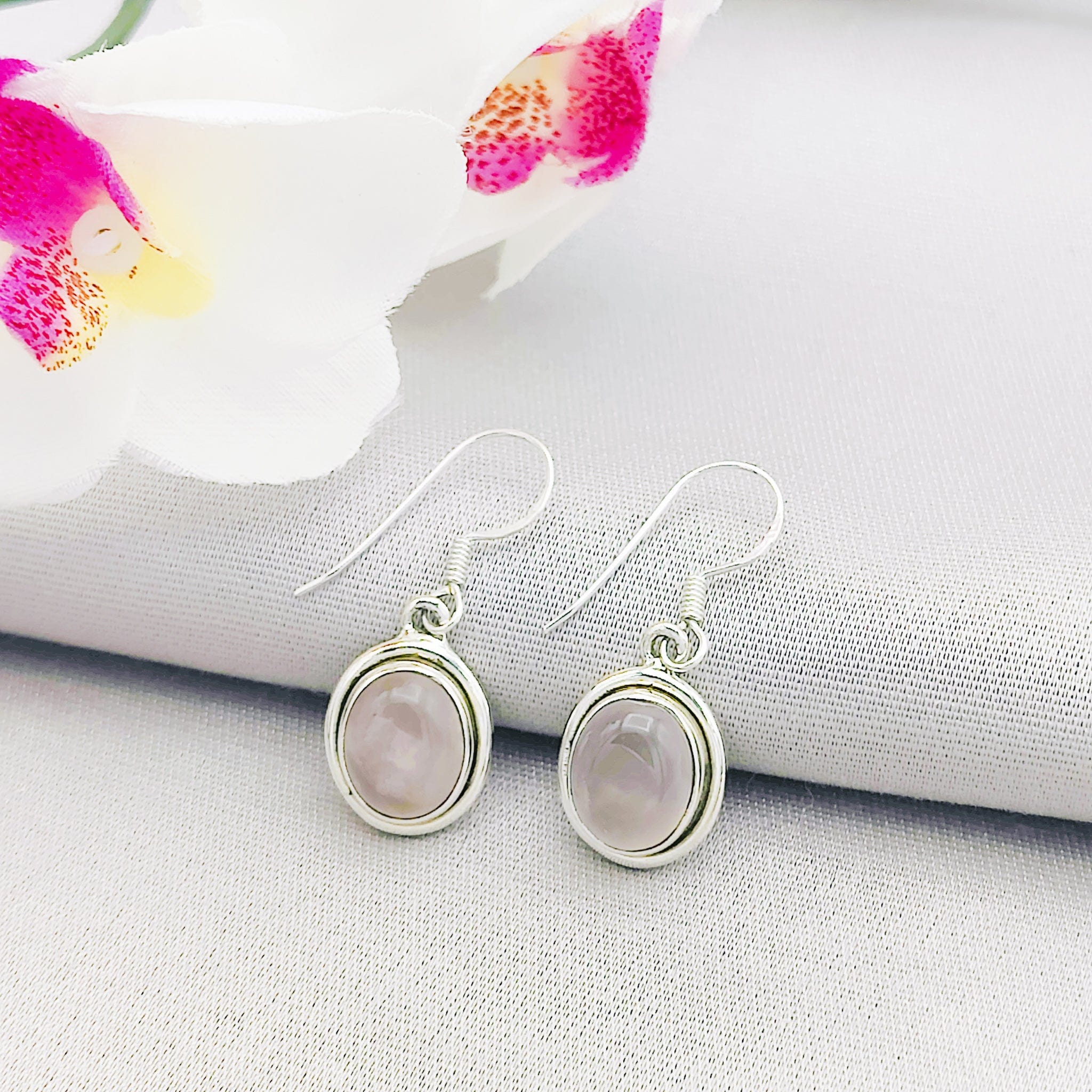 Hepburn and Hughes Rose Quartz Drop Earrings | Oval | January Birthday | Sterling Silver