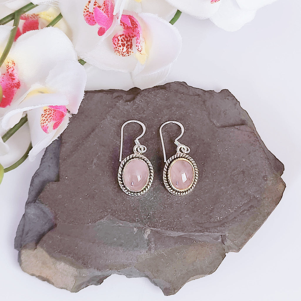 Hepburn and Hughes Rose Quartz Drop Earrings | Oval with ear wire | Sterling Silver