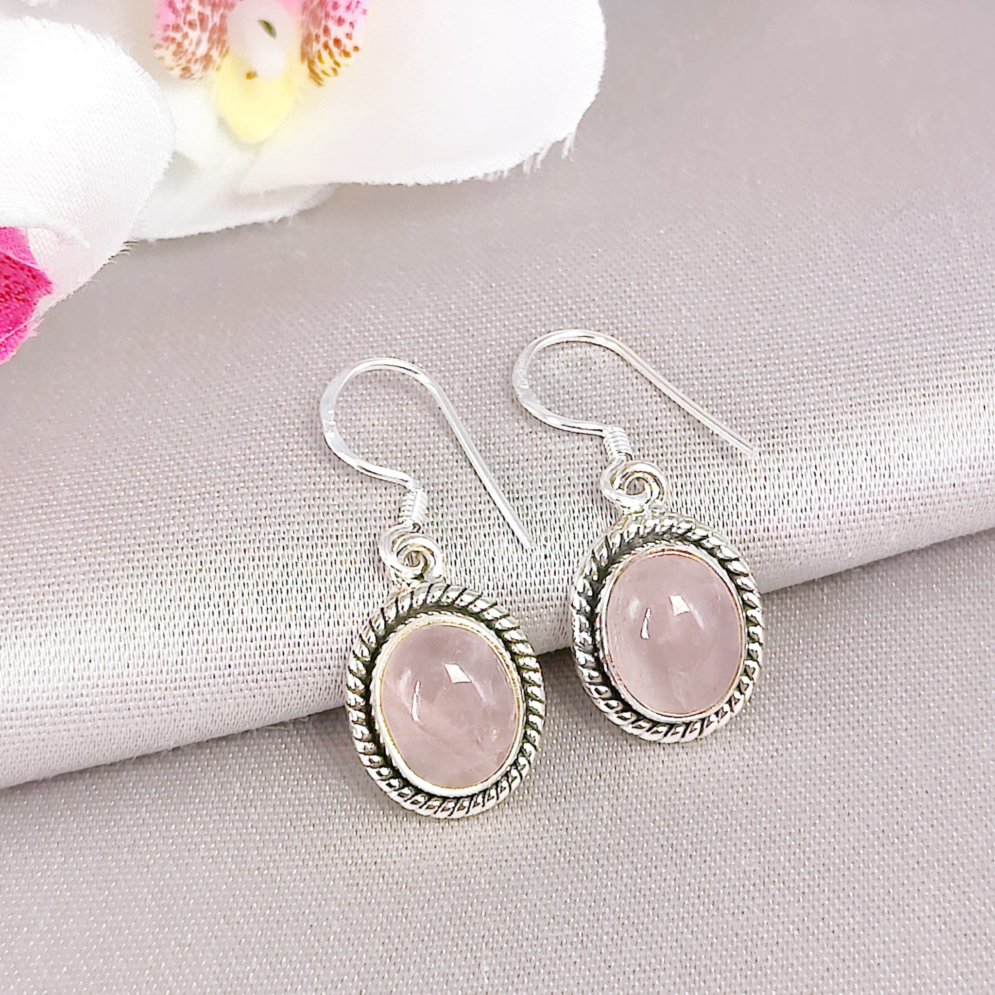 Hepburn and Hughes Rose Quartz Drop Earrings | Oval with ear wire | Sterling Silver