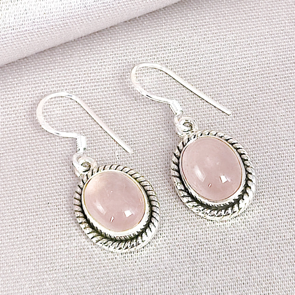 Hepburn and Hughes Rose Quartz Drop Earrings | Oval with ear wire | Sterling Silver