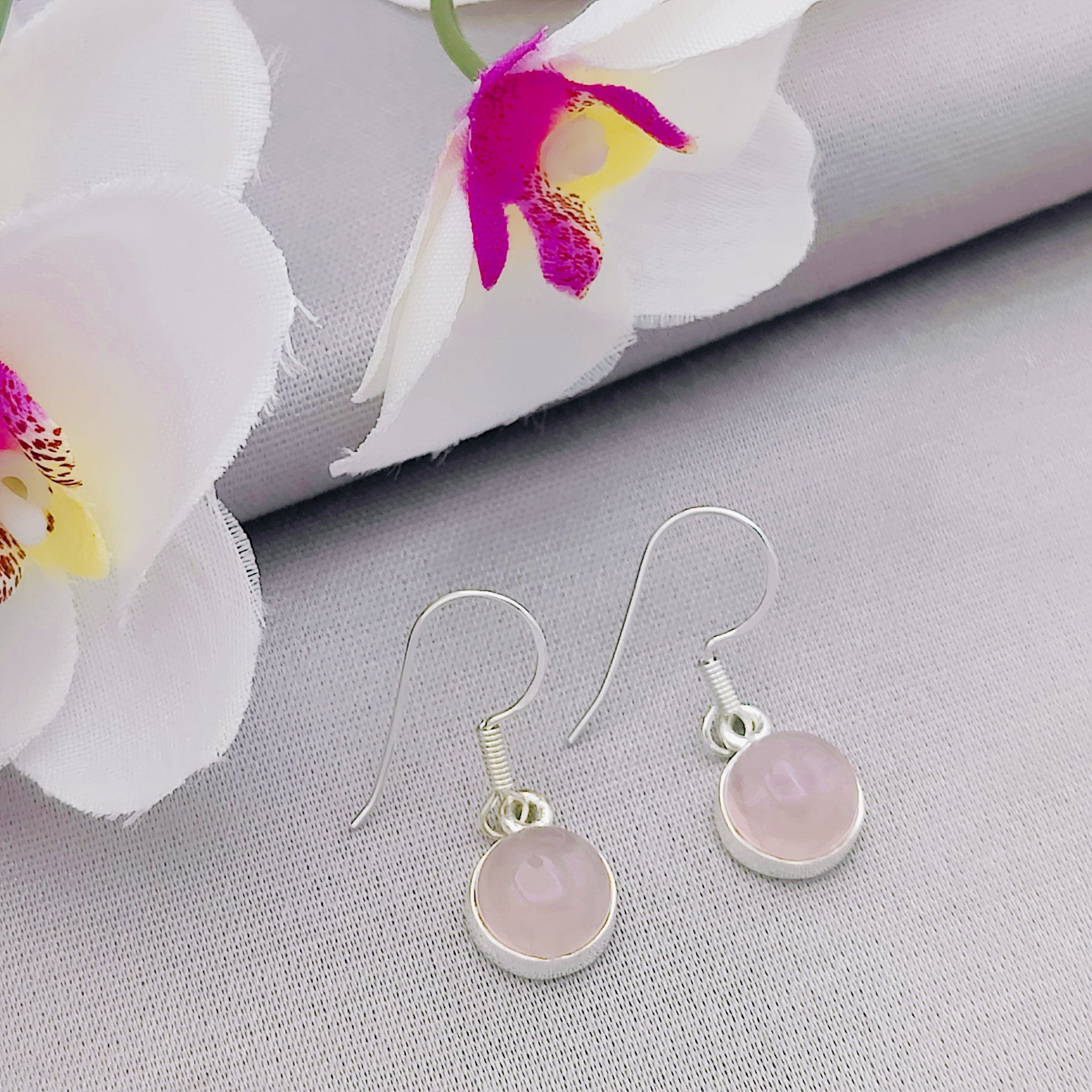 Hepburn and Hughes Rose Quartz Earrings | 10mm Circular | January Gift | Sterling Silver