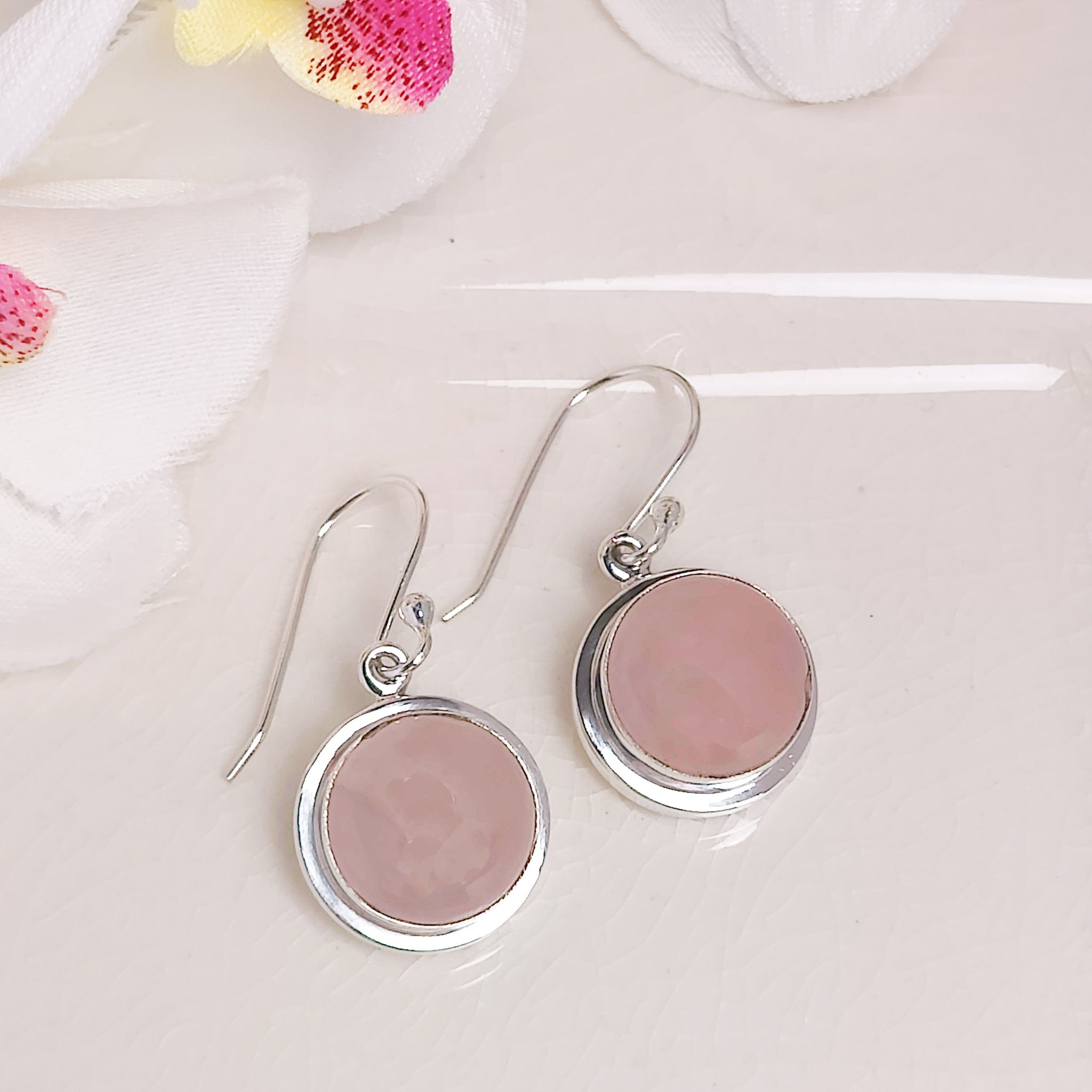 Hepburn and Hughes Rose Quartz Earrings | 15mm Circular | 5th Anniversary | Sterling Silver