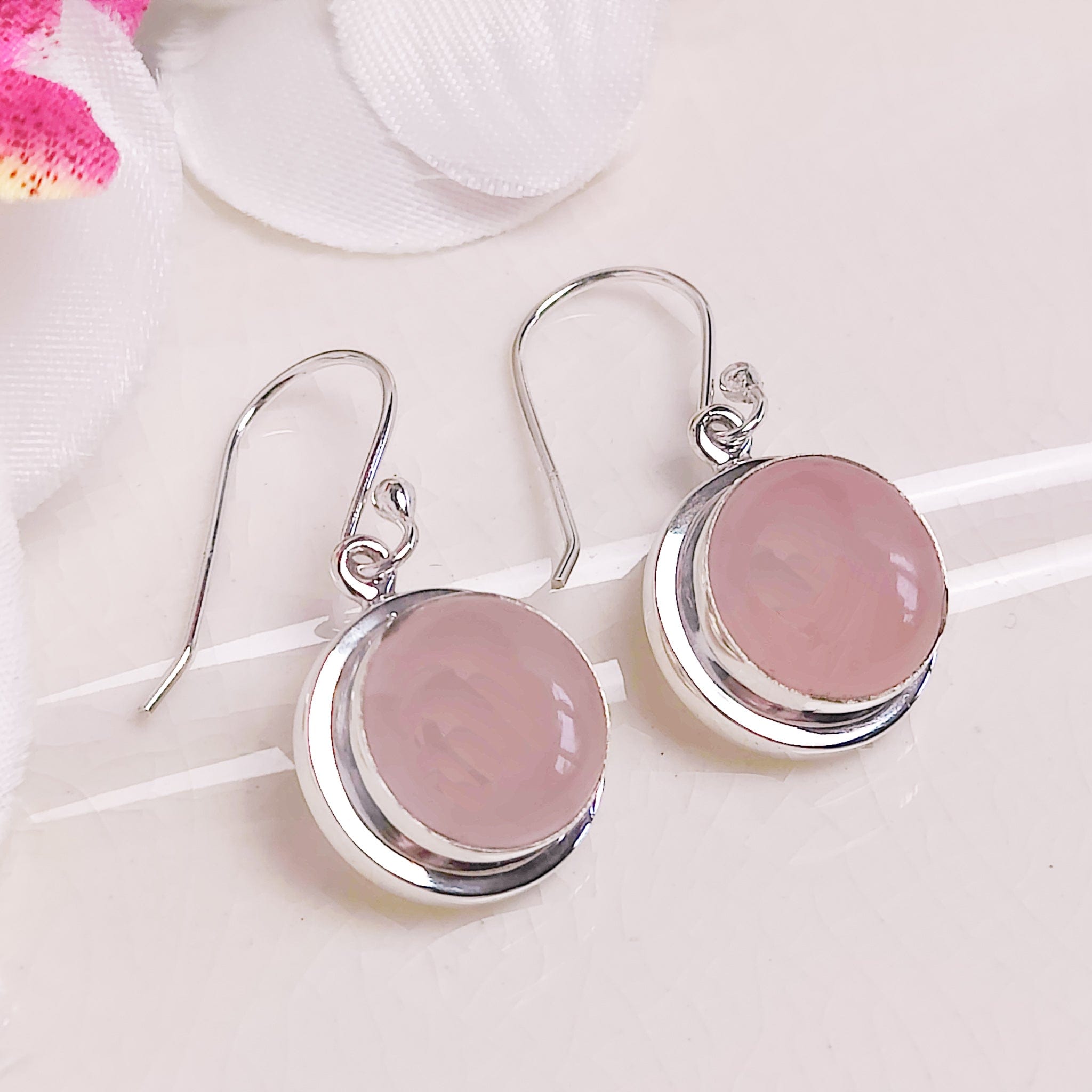 Hepburn and Hughes Rose Quartz Earrings | 15mm Circular | 5th Anniversary | Sterling Silver