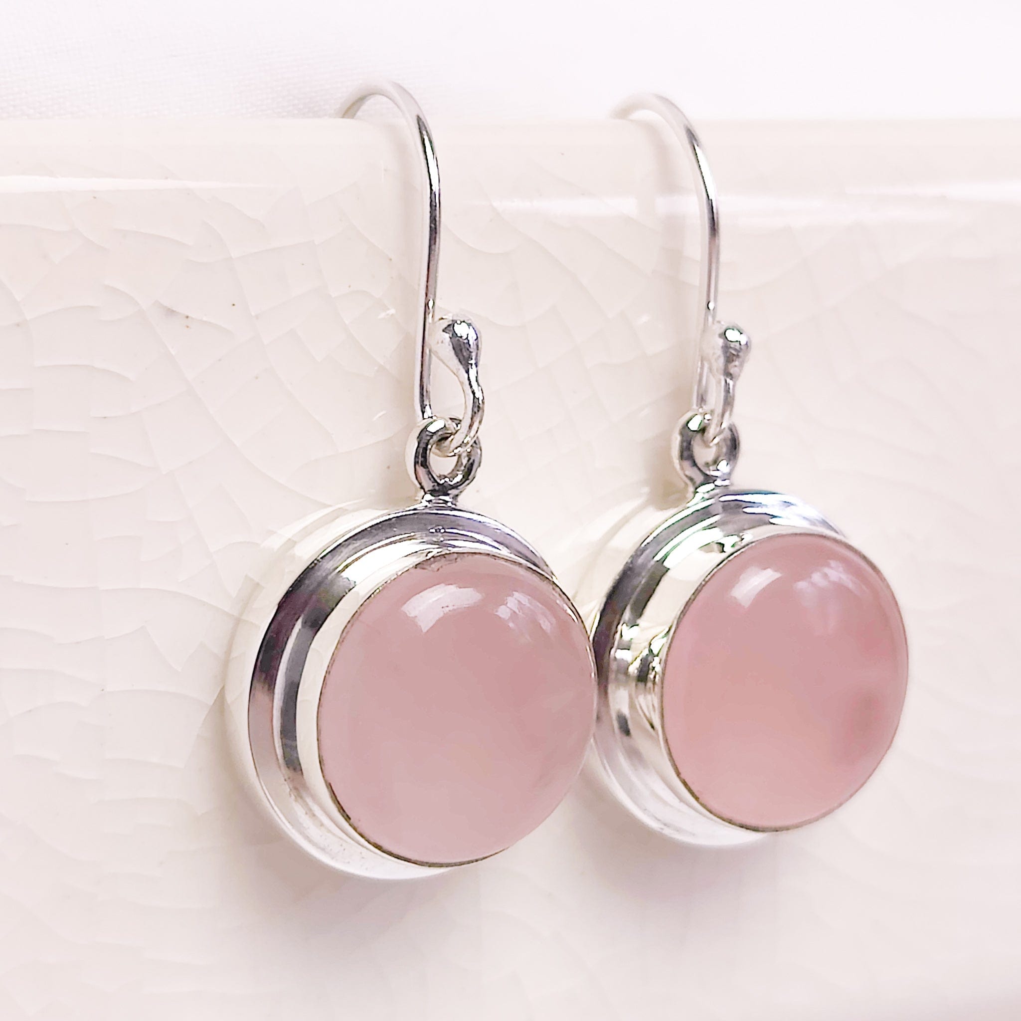 Hepburn and Hughes Rose Quartz Earrings | 15mm Circular | 5th Anniversary | Sterling Silver