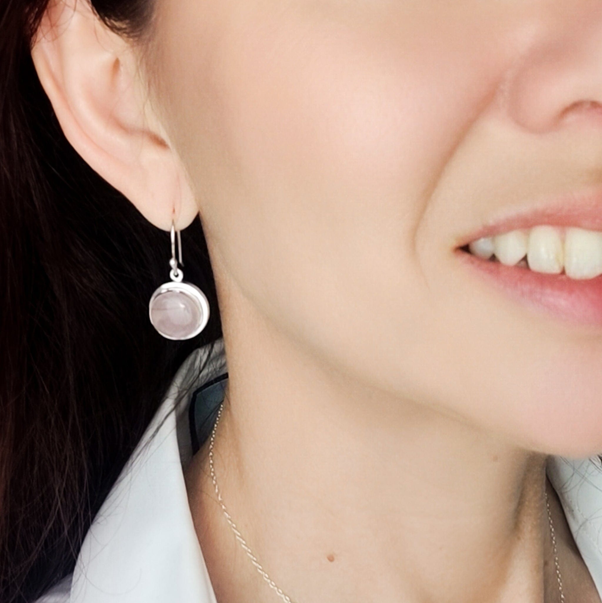 Hepburn and Hughes Rose Quartz Earrings | 15mm Circular | 5th Anniversary | Sterling Silver