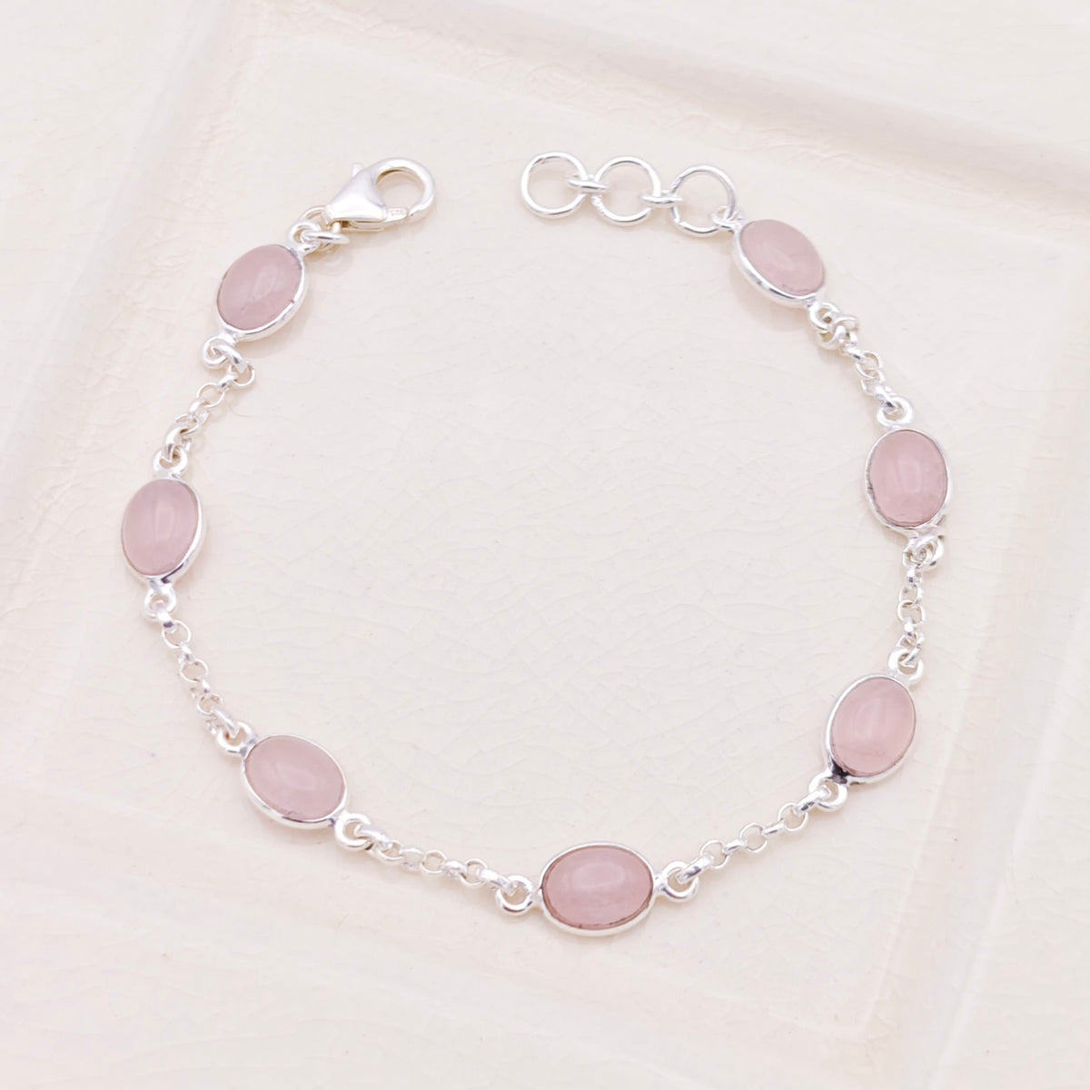 Hepburn and Hughes Rose Quartz Gemstone Bracelet | 7 Oval Gemstones | January Birthstone | Sterling Silver