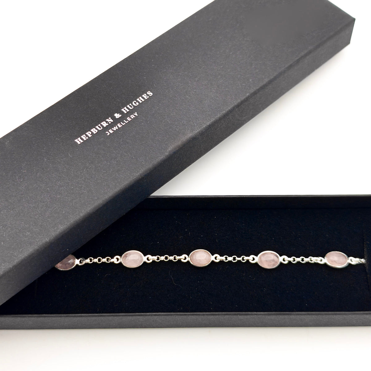 Hepburn and Hughes Rose Quartz Gemstone Bracelet | 7 Oval Gemstones | January Birthstone | Sterling Silver
