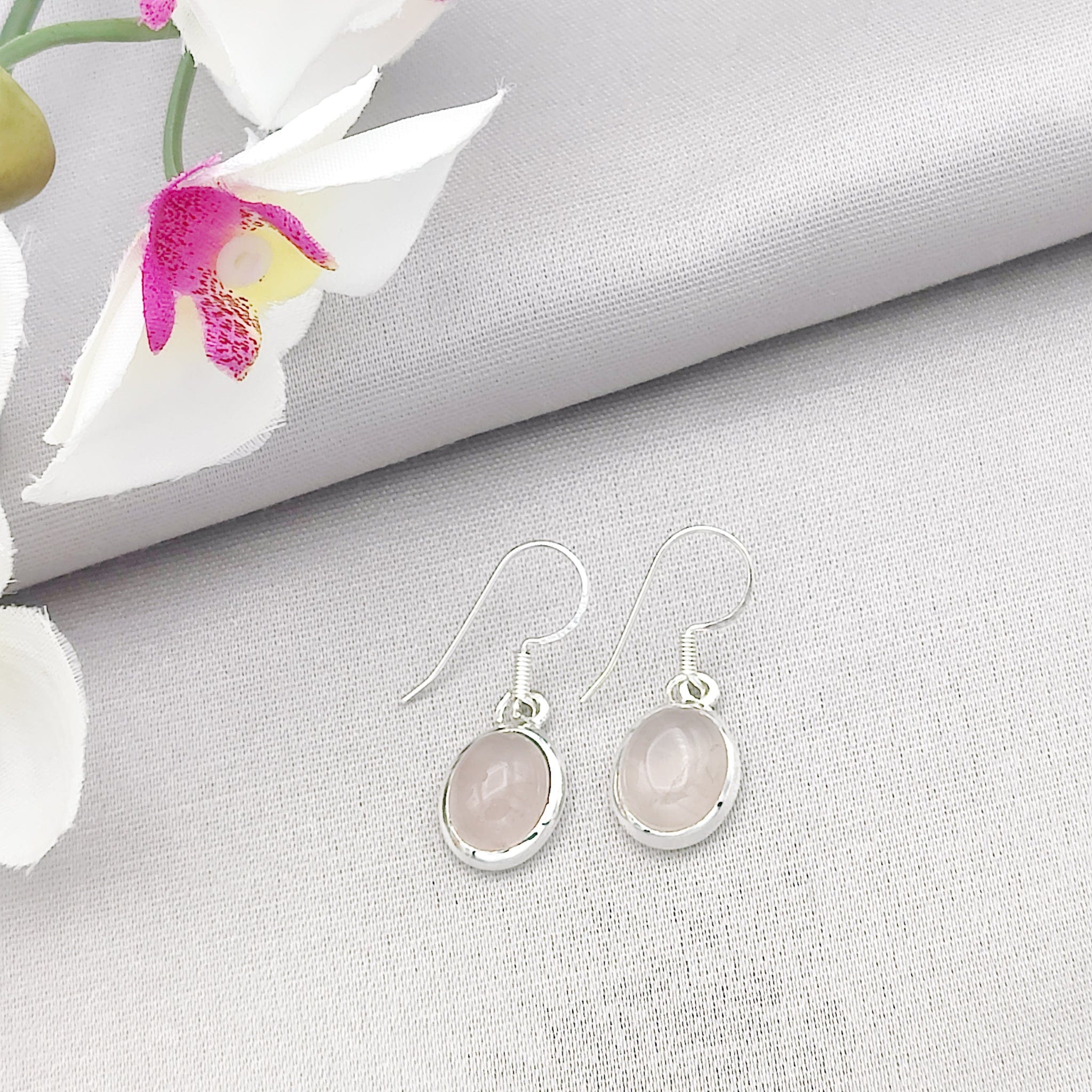 Hepburn and Hughes Rose Quartz Oval Earrings | 5th wedding anniversary | Sterling Silver