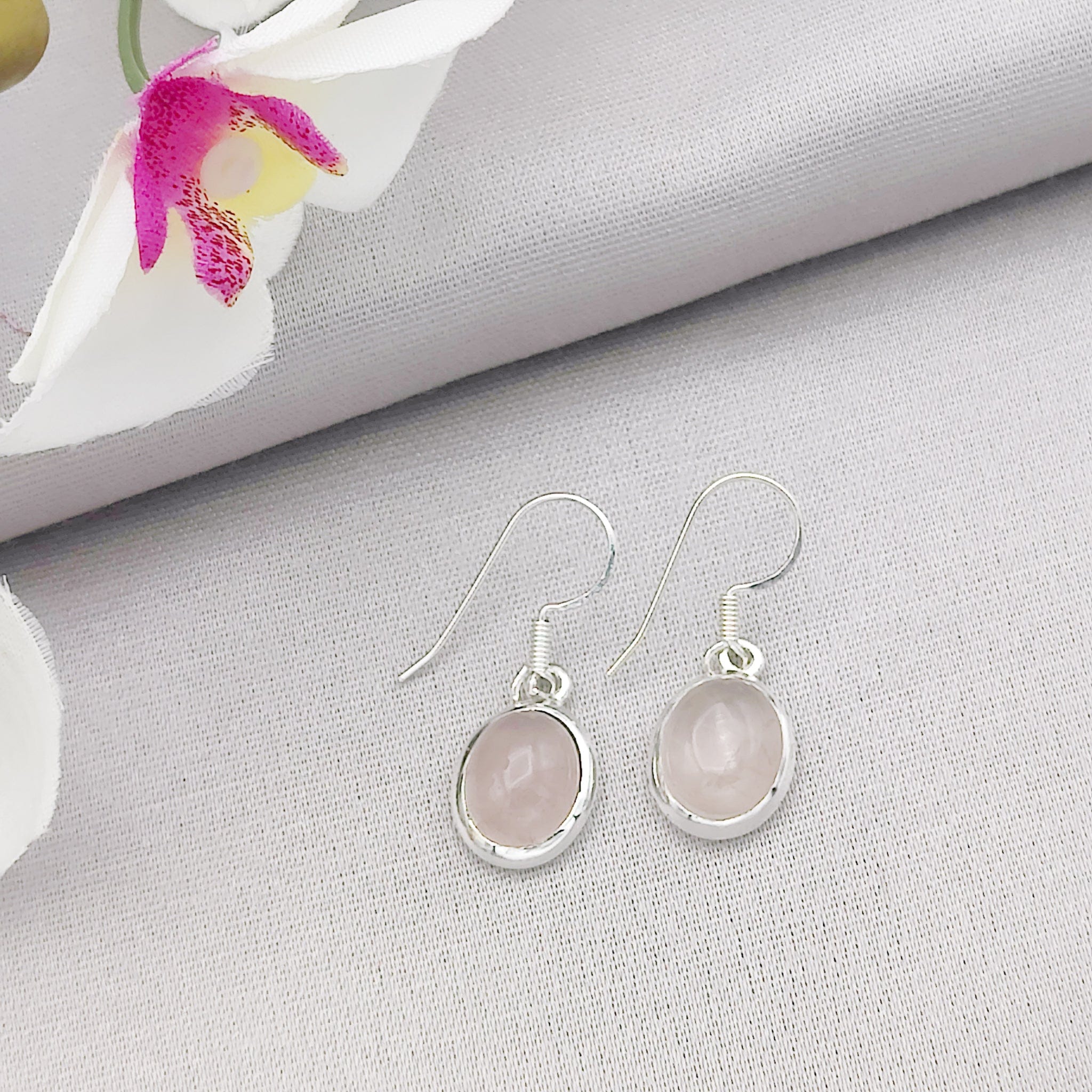 Hepburn and Hughes Rose Quartz Oval Earrings | 5th wedding anniversary | Sterling Silver