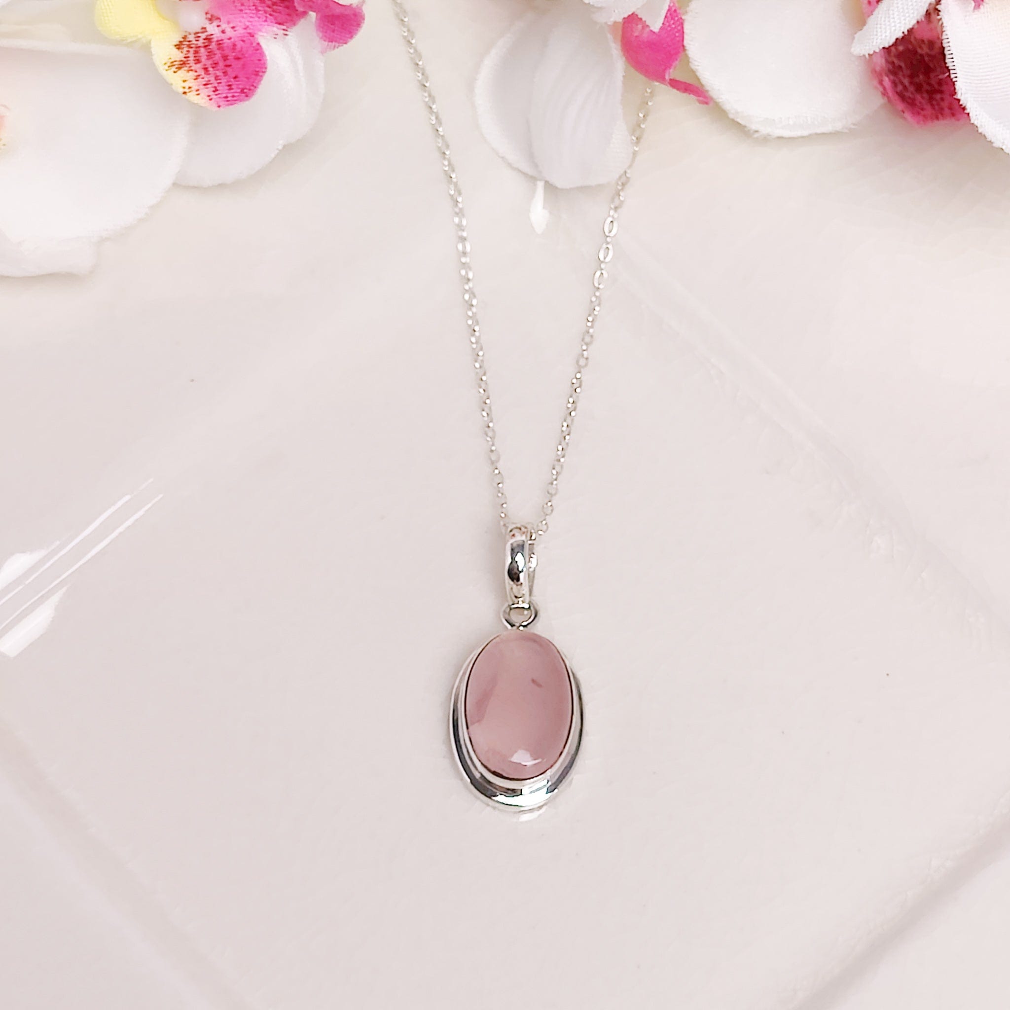 Hepburn and Hughes Rose Quartz Pendant | 15mm Oval | January Gift | Sterling Silver