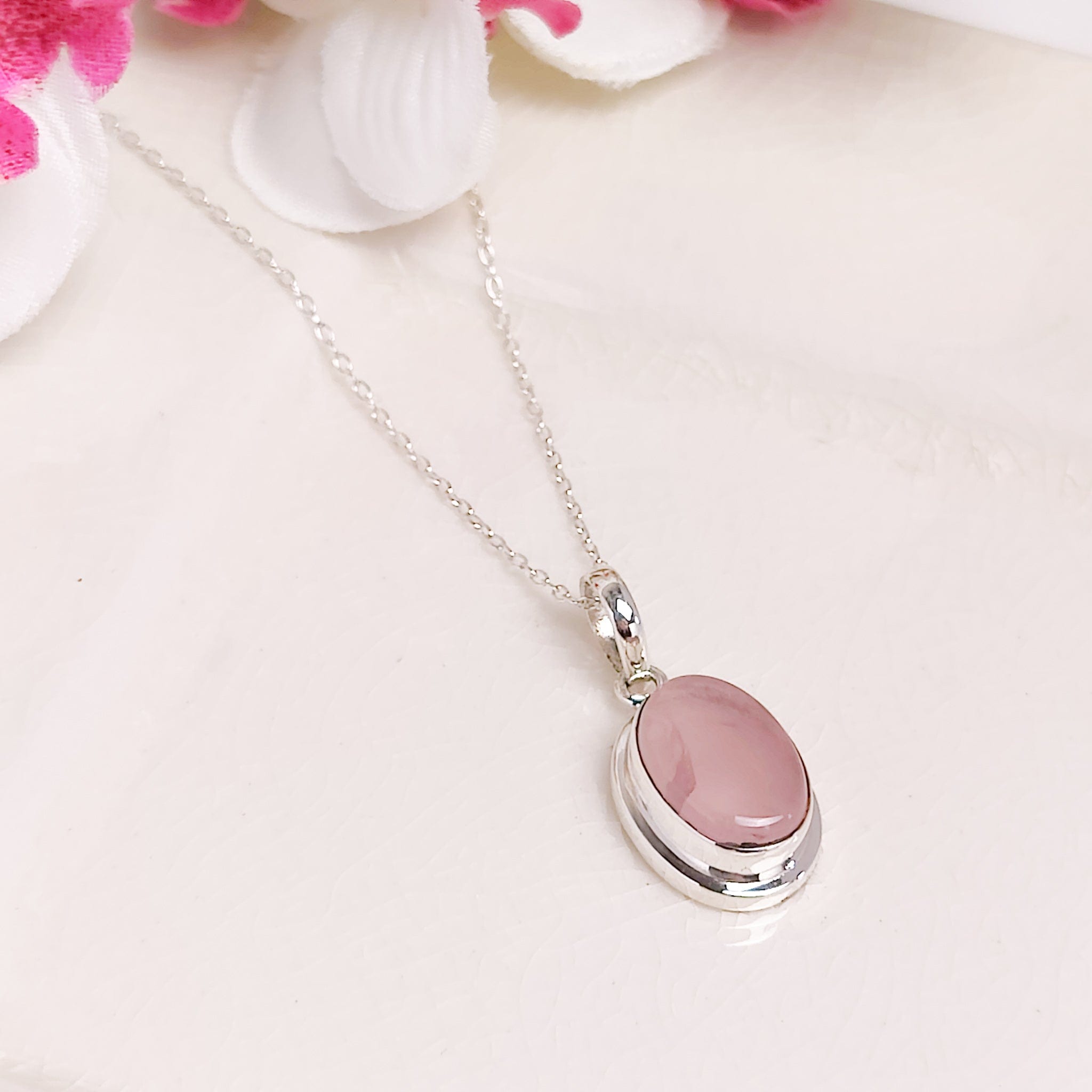 Hepburn and Hughes Rose Quartz Pendant | 15mm Oval | January Gift | Sterling Silver