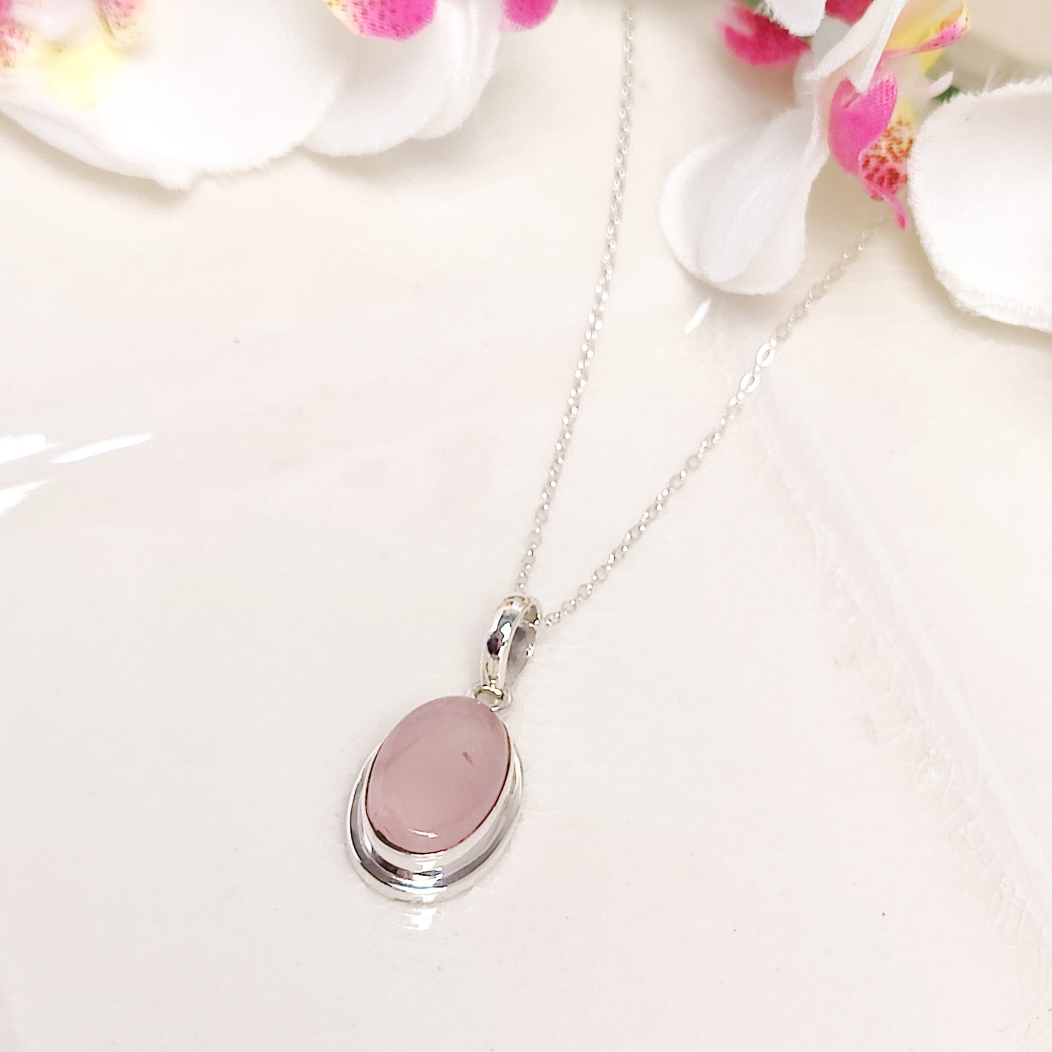 Hepburn and Hughes Rose Quartz Pendant | 15mm Oval | January Gift | Sterling Silver