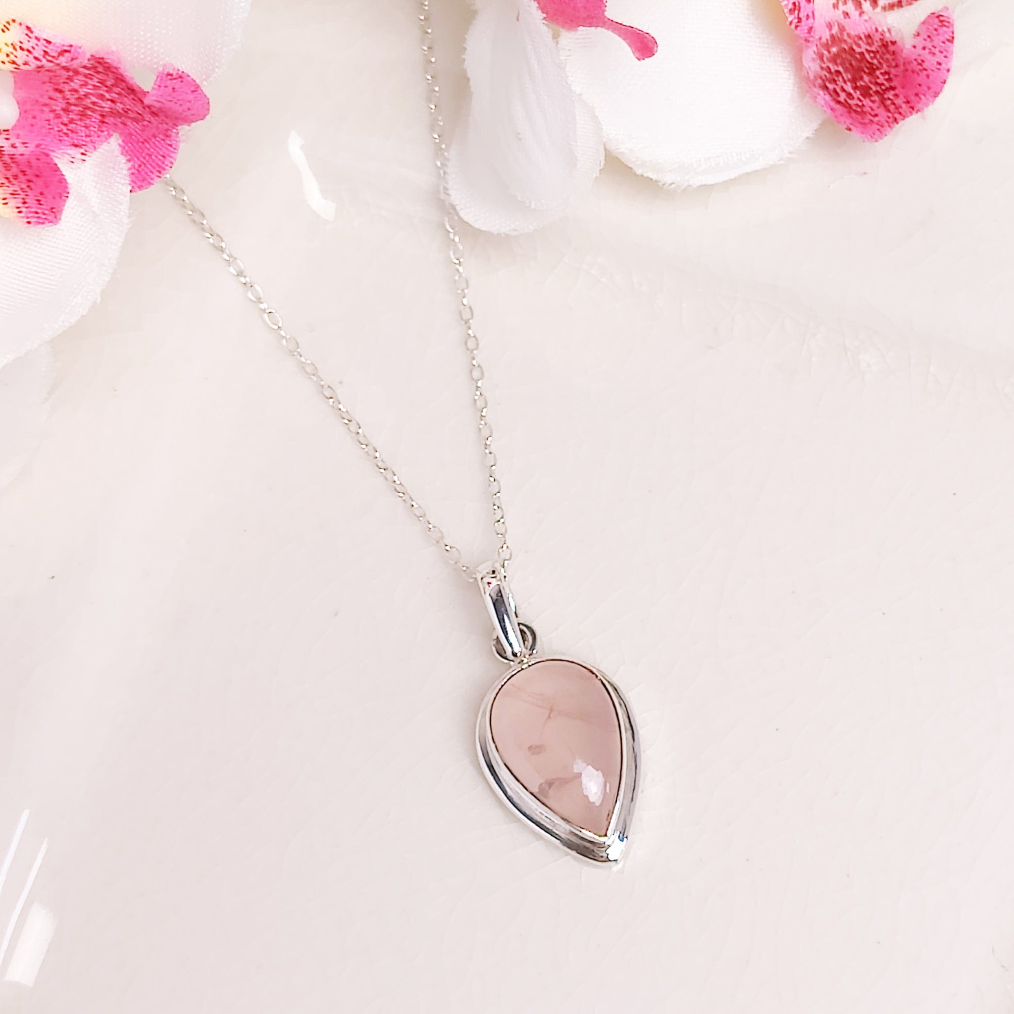 Hepburn and Hughes Rose Quartz Pendant | 15mm Teardrop | January Gift | Sterling Silver