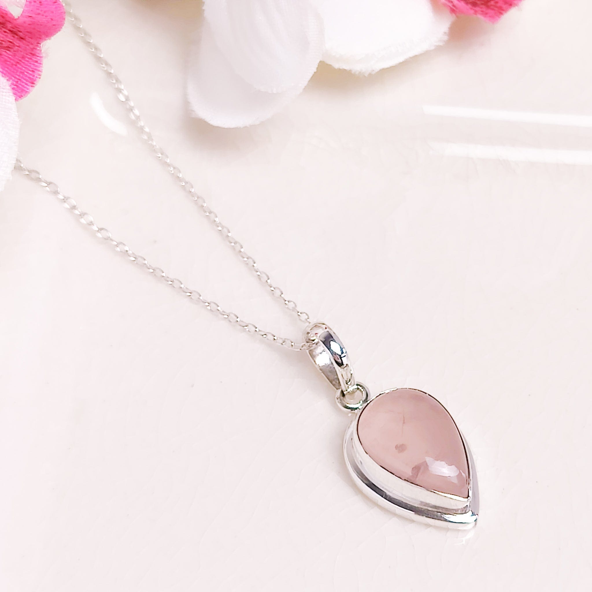 Hepburn and Hughes Rose Quartz Pendant | 15mm Teardrop | January Gift | Sterling Silver