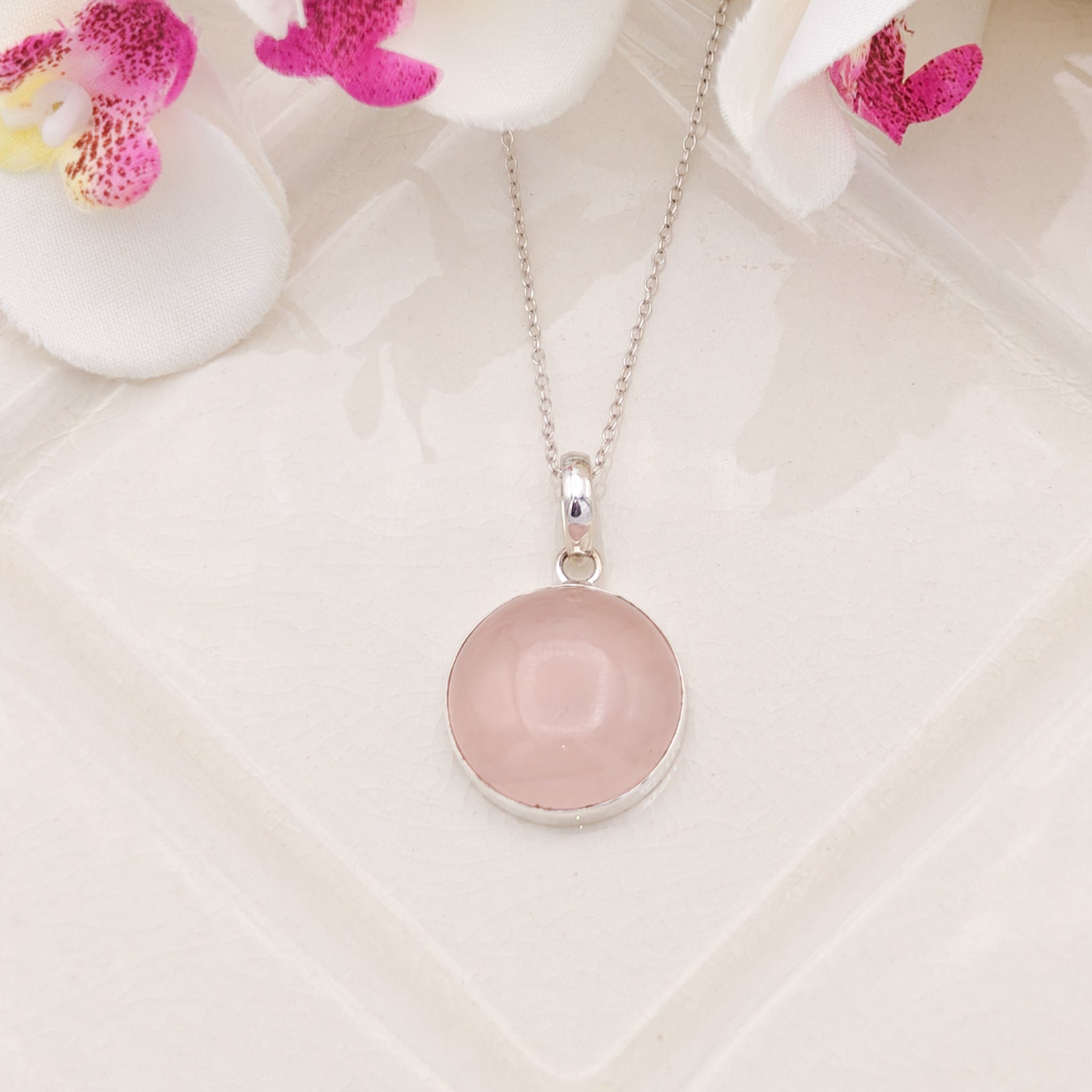 Hepburn and Hughes Rose Quartz Pendant | 20mm Circular | January Birthstone | Sterling Silver