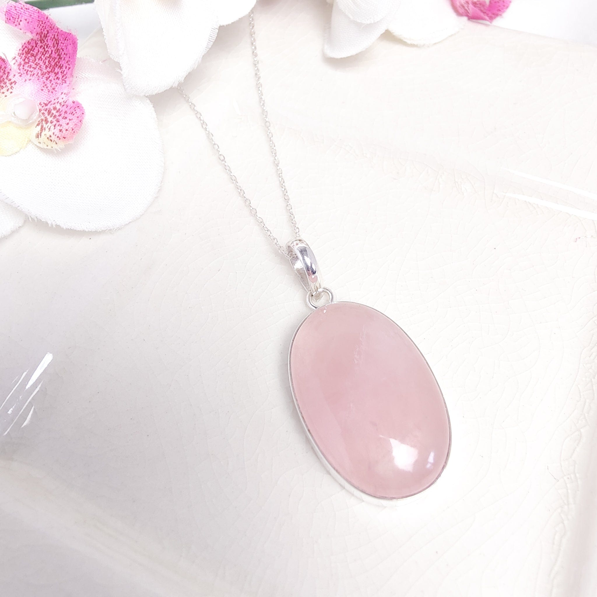 Hepburn and Hughes Rose Quartz Pendant | 30mm Oval | 5th Anniversary | Sterling Silver