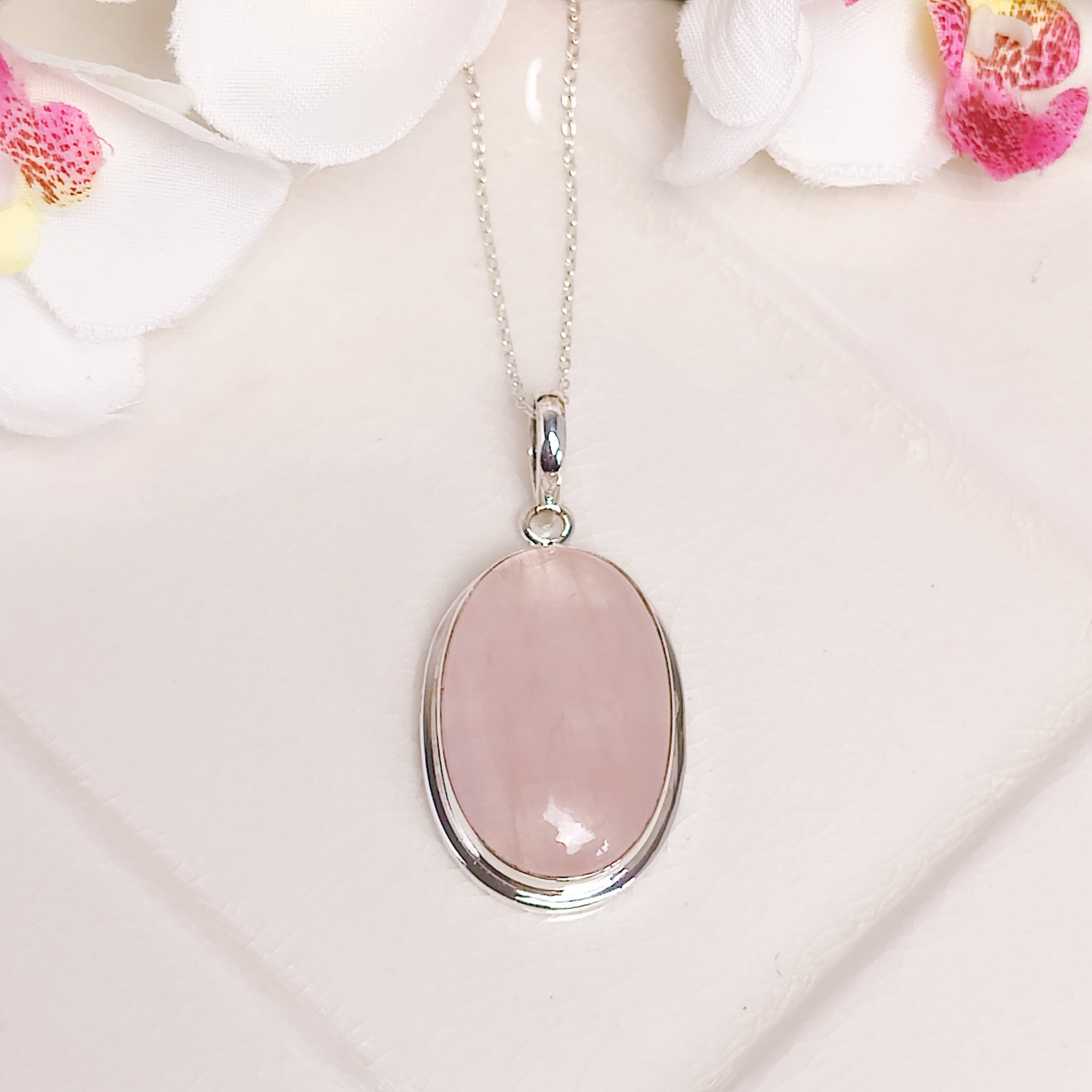 Hepburn and Hughes Rose Quartz Pendant | 30mm Oval | 5th Anniversary | Sterling Silver