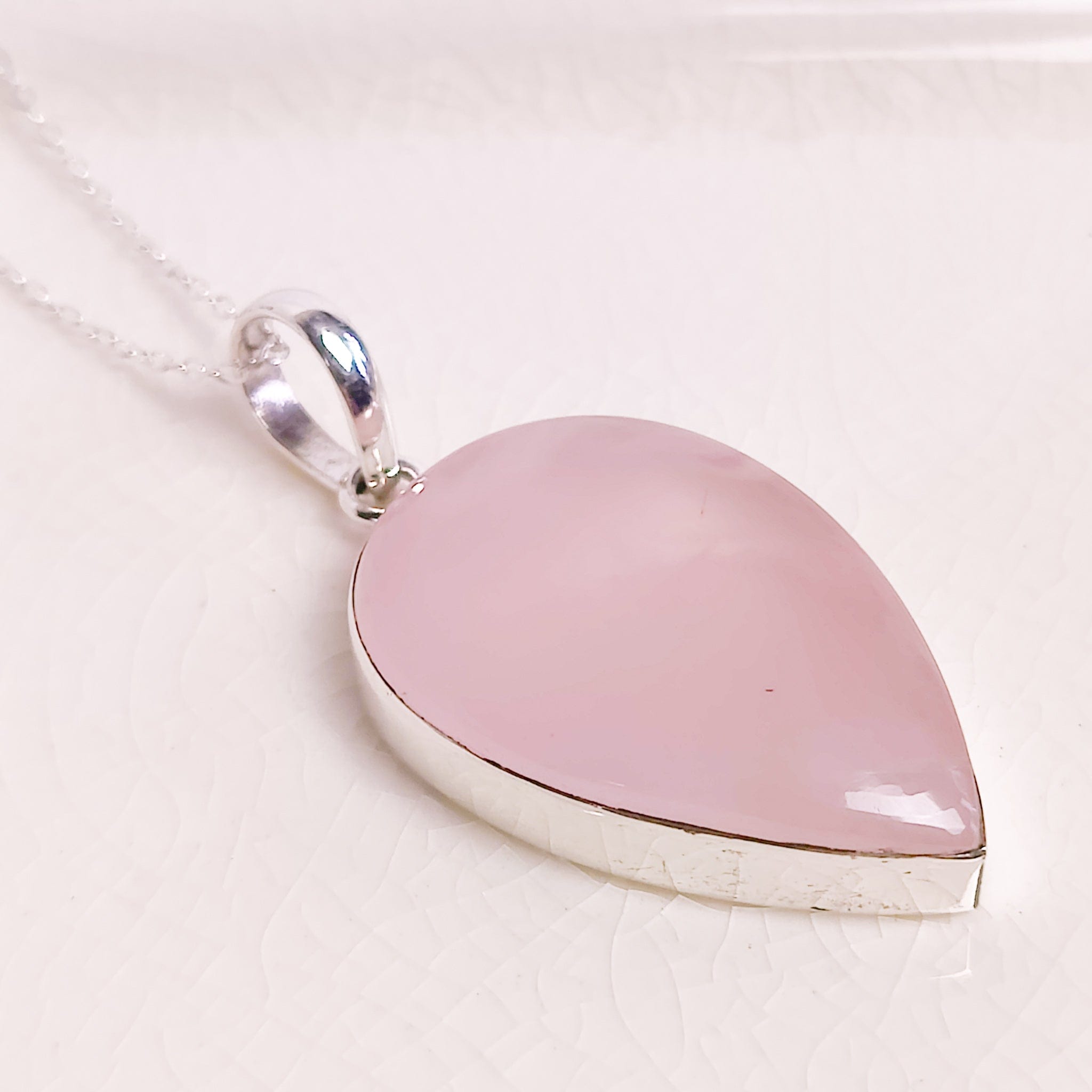 Hepburn and Hughes Rose Quartz Pendant | 30mm Teardrop | Two Options | Sterling Silver