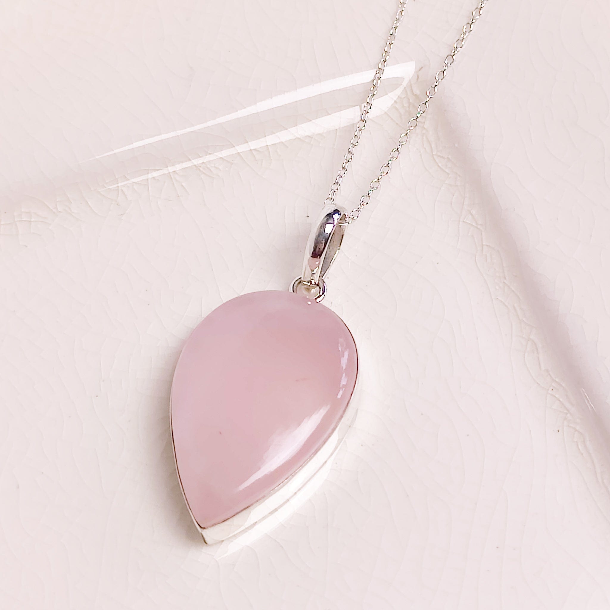 Hepburn and Hughes Rose Quartz Pendant | 30mm Teardrop | Two Options | Sterling Silver