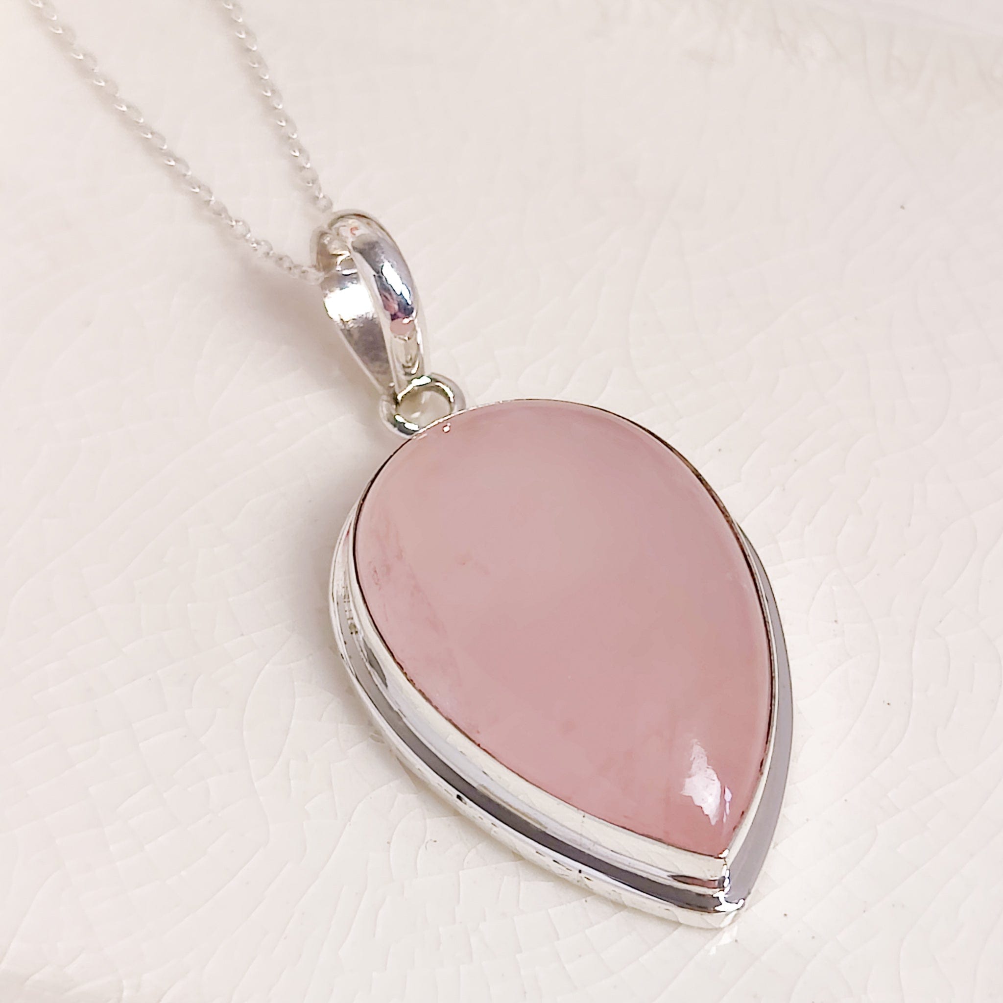 Hepburn and Hughes Rose Quartz Pendant | 30mm Teardrop | Two Options | Sterling Silver