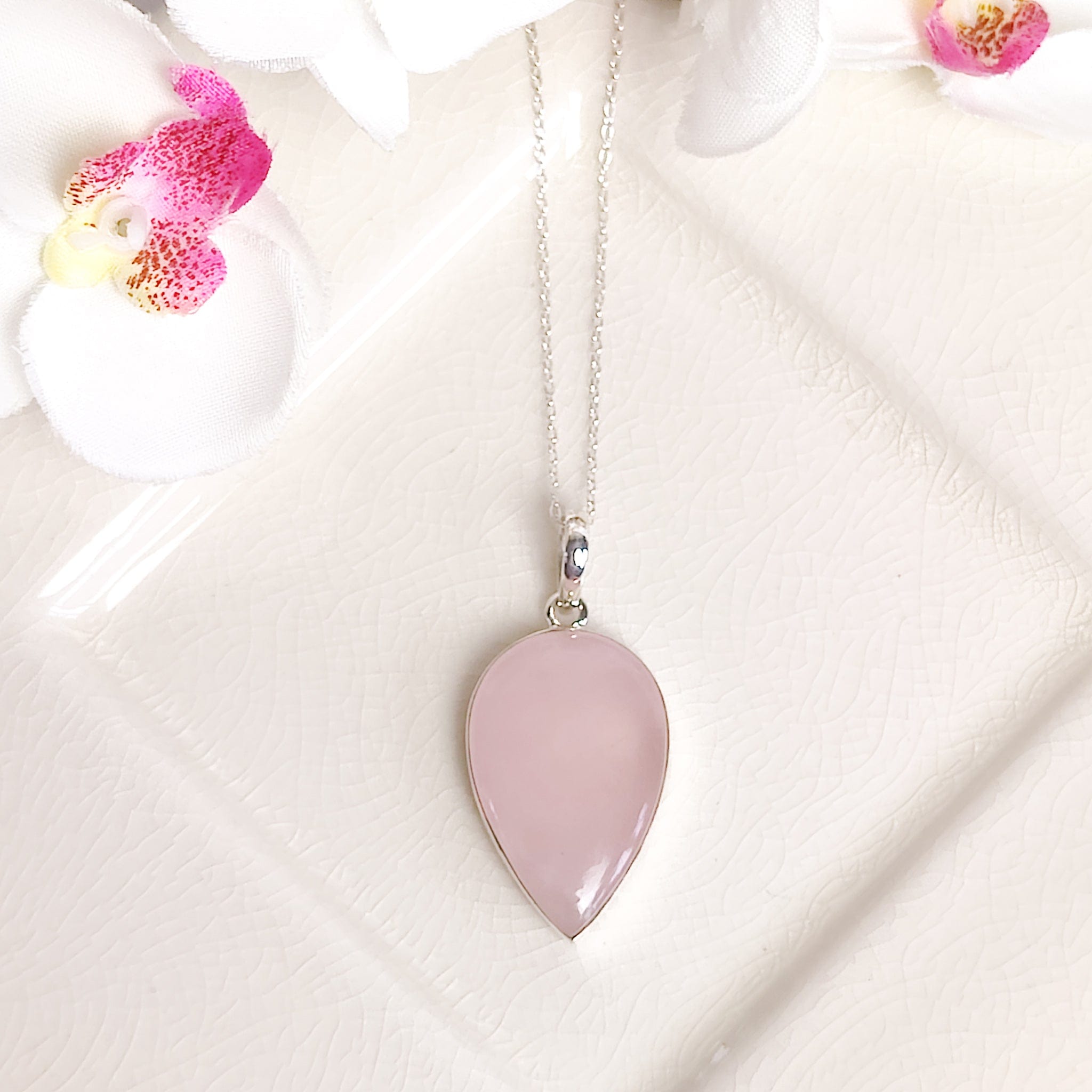 Hepburn and Hughes Rose Quartz Pendant | 30mm Teardrop | Two Options | Sterling Silver