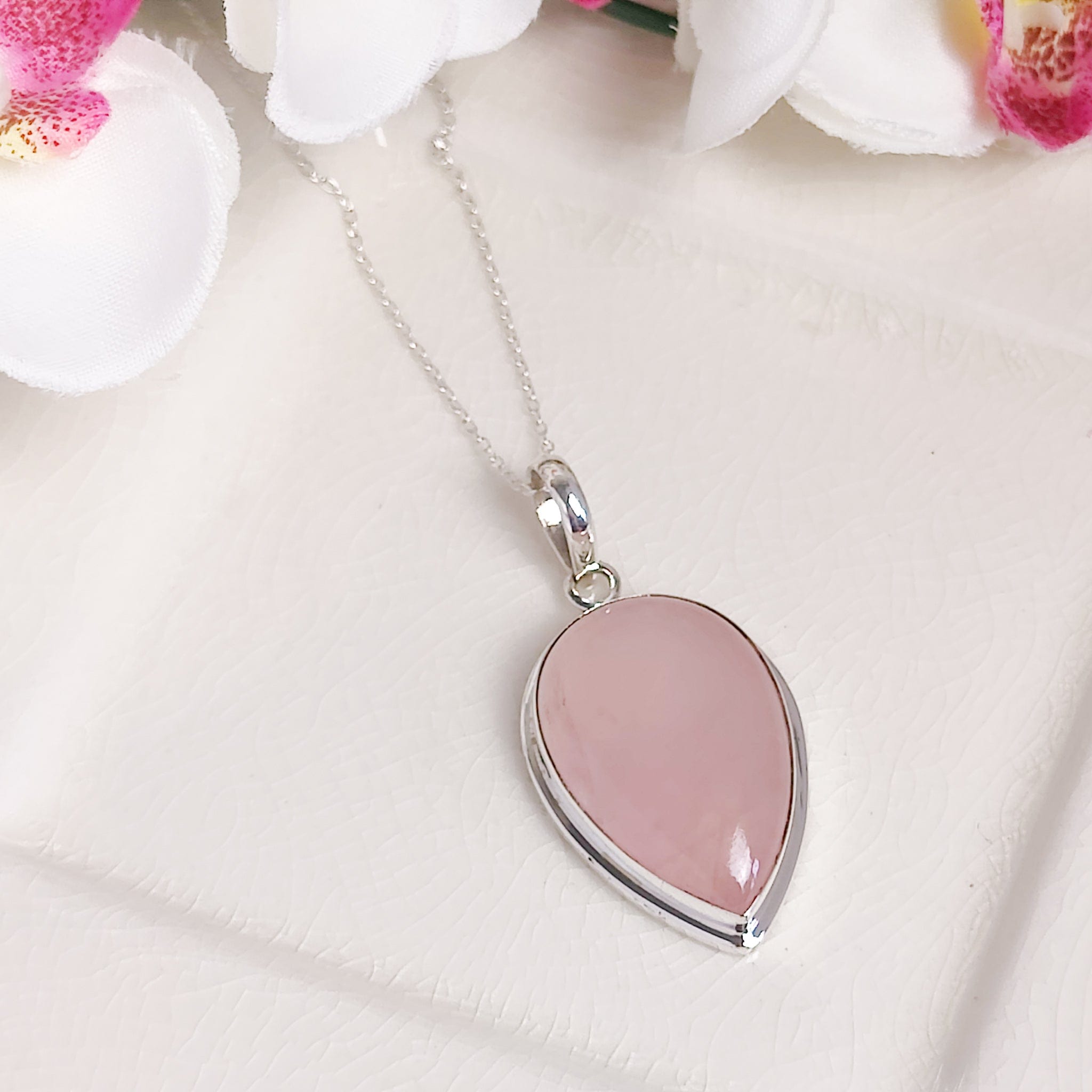 Hepburn and Hughes Rose Quartz Pendant | 30mm Teardrop | Two Options | Sterling Silver