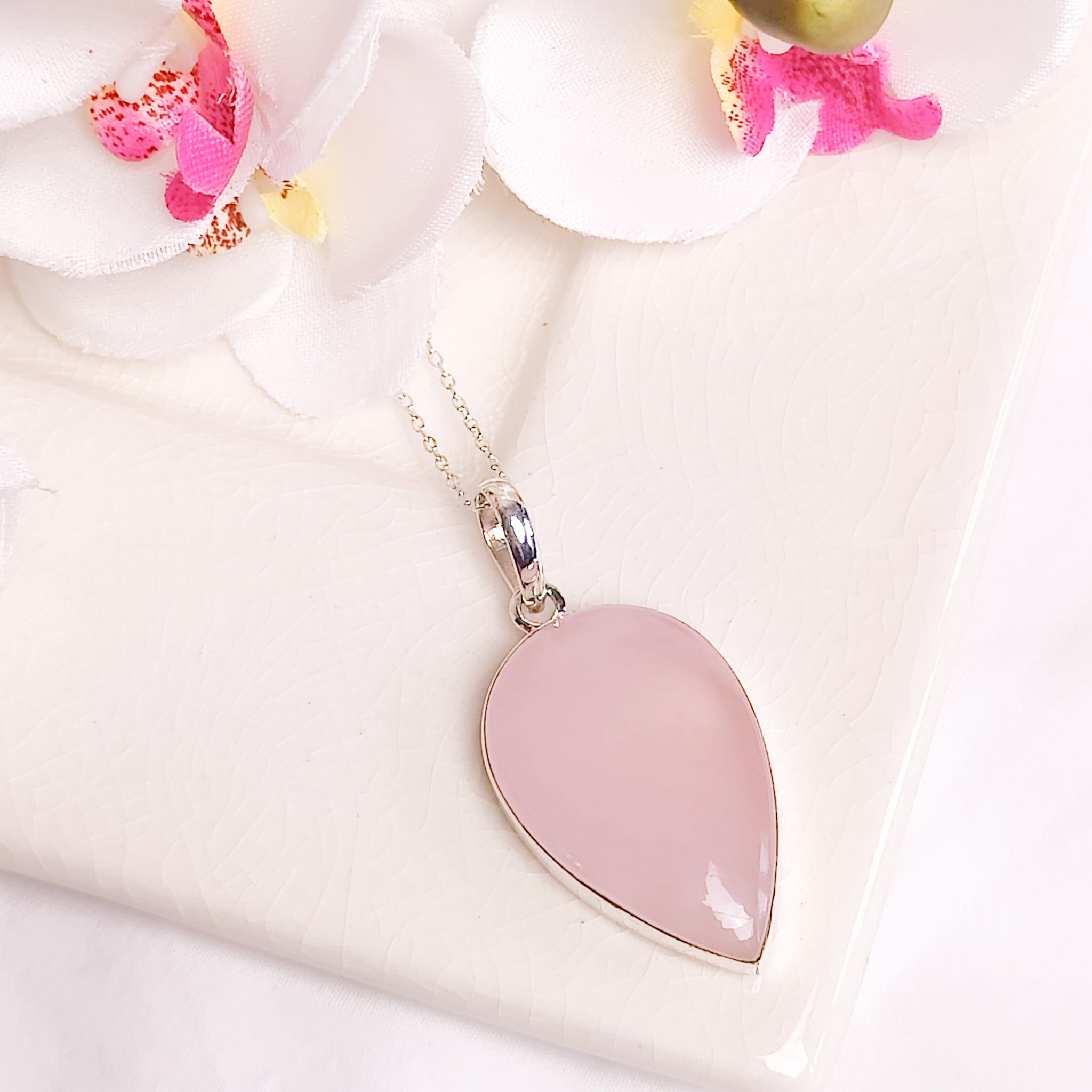 Hepburn and Hughes Rose Quartz Pendant | 30mm Teardrop | Two Options | Sterling Silver