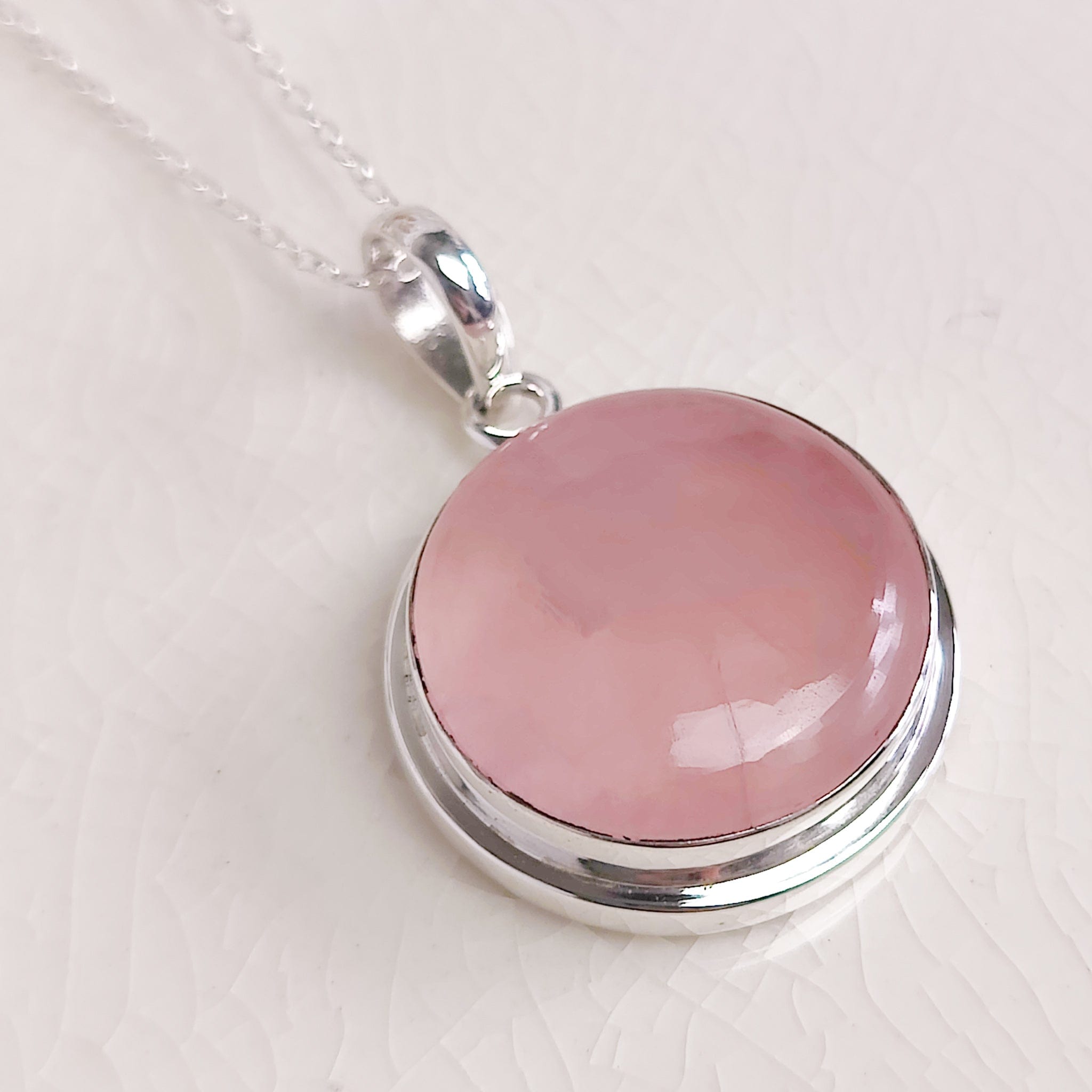 Hepburn and Hughes Rose Quartz Pendant | Circular | January Birthstone | Sterling Silver