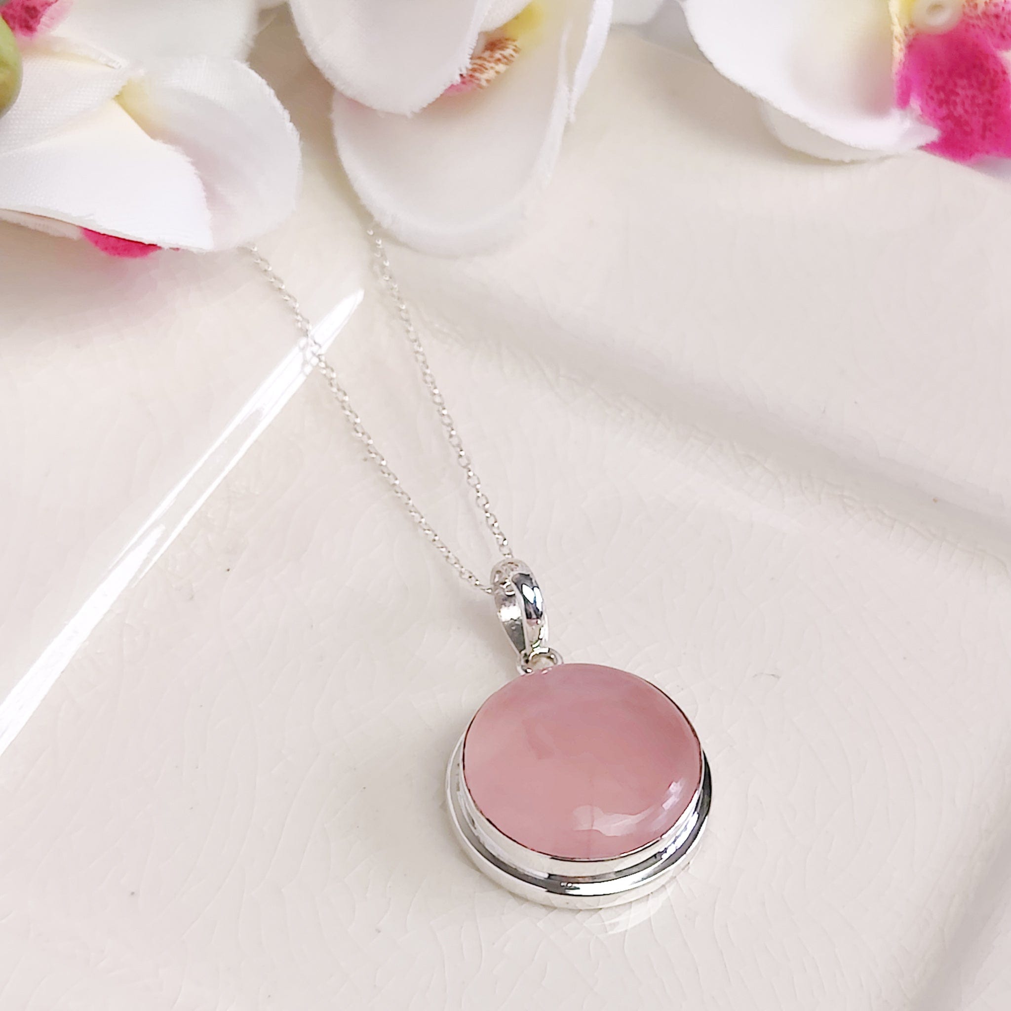 Hepburn and Hughes Rose Quartz Pendant | Circular | January Birthstone | Sterling Silver