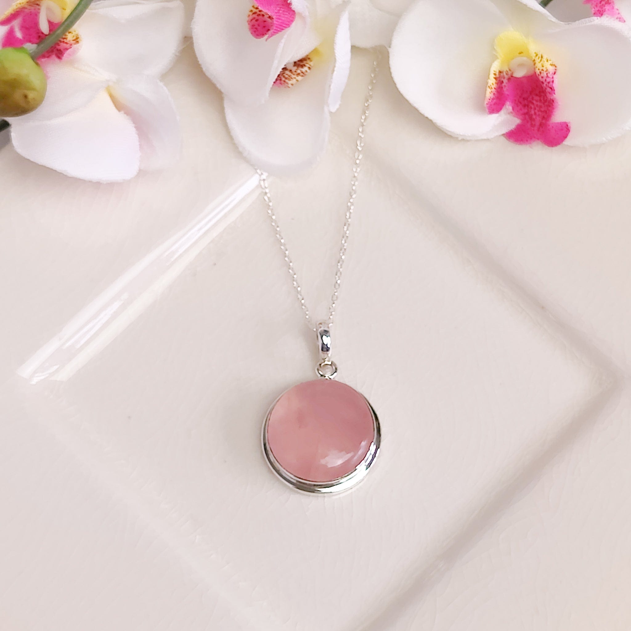 Hepburn and Hughes Rose Quartz Pendant | Circular | January Birthstone | Sterling Silver