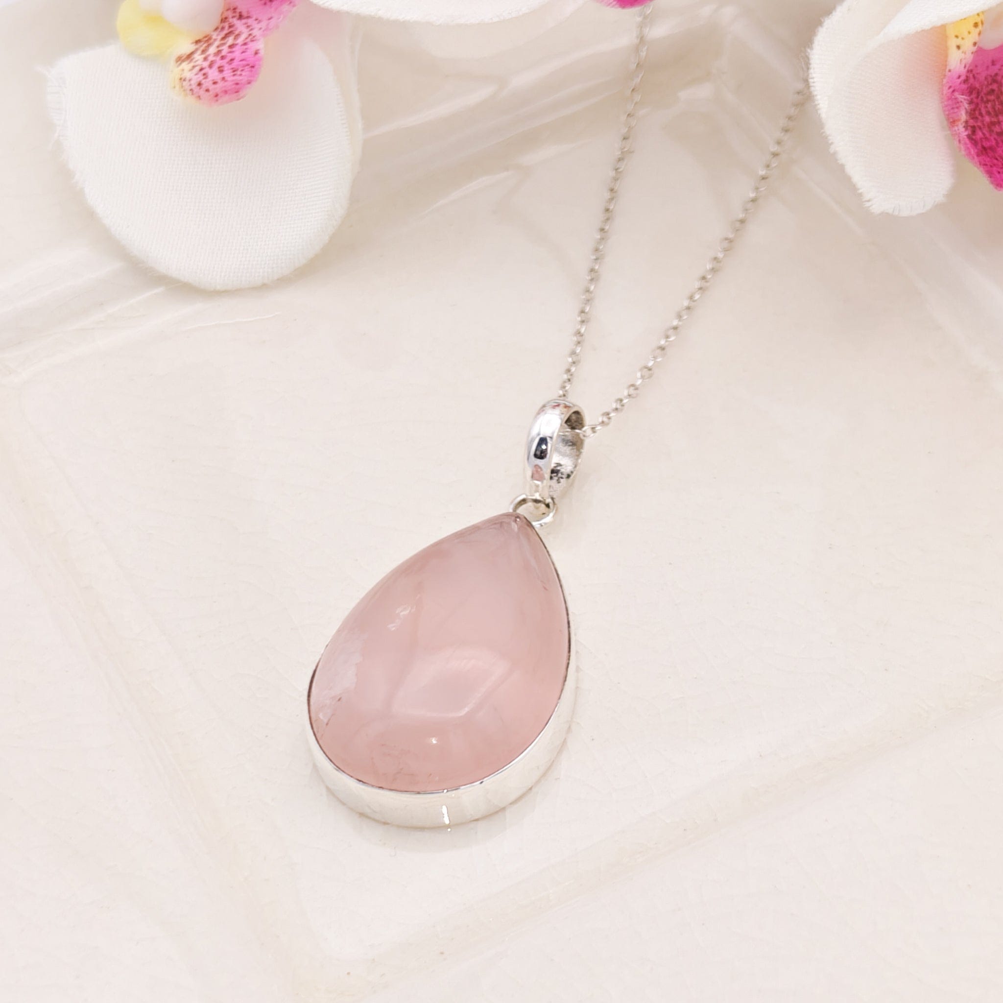 Hepburn and Hughes Rose Quartz Pendant | January Birthstone | 30mm Teardrop | Sterling Silver