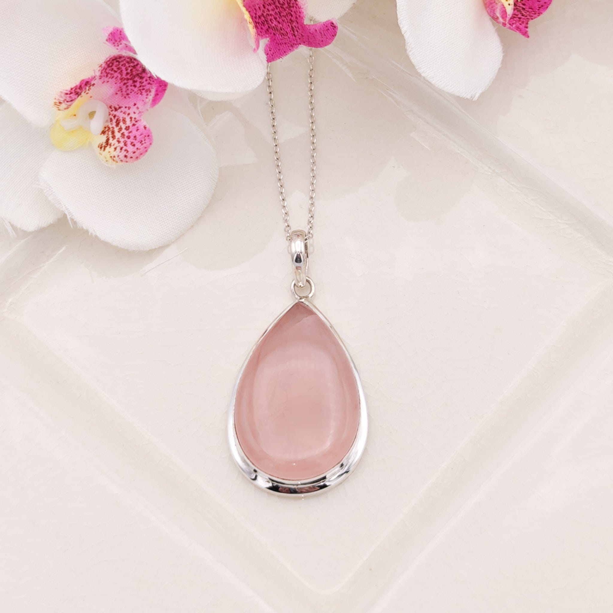 Hepburn and Hughes Rose Quartz Pendant | January Birthstone | 30mm Teardrop | Sterling Silver