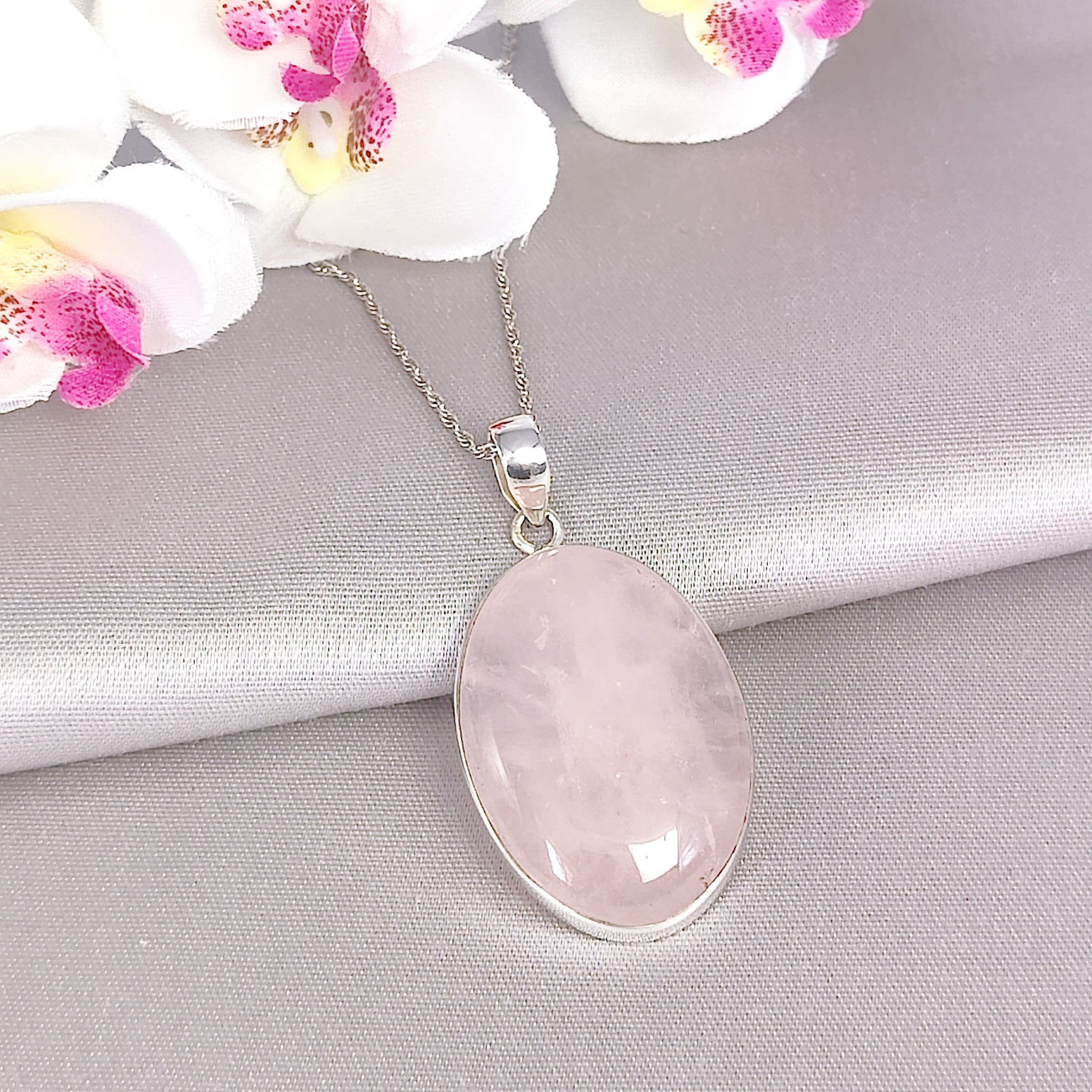 Hepburn and Hughes Rose Quartz Pendant | January Birthstone | Oval | Sterling Silver