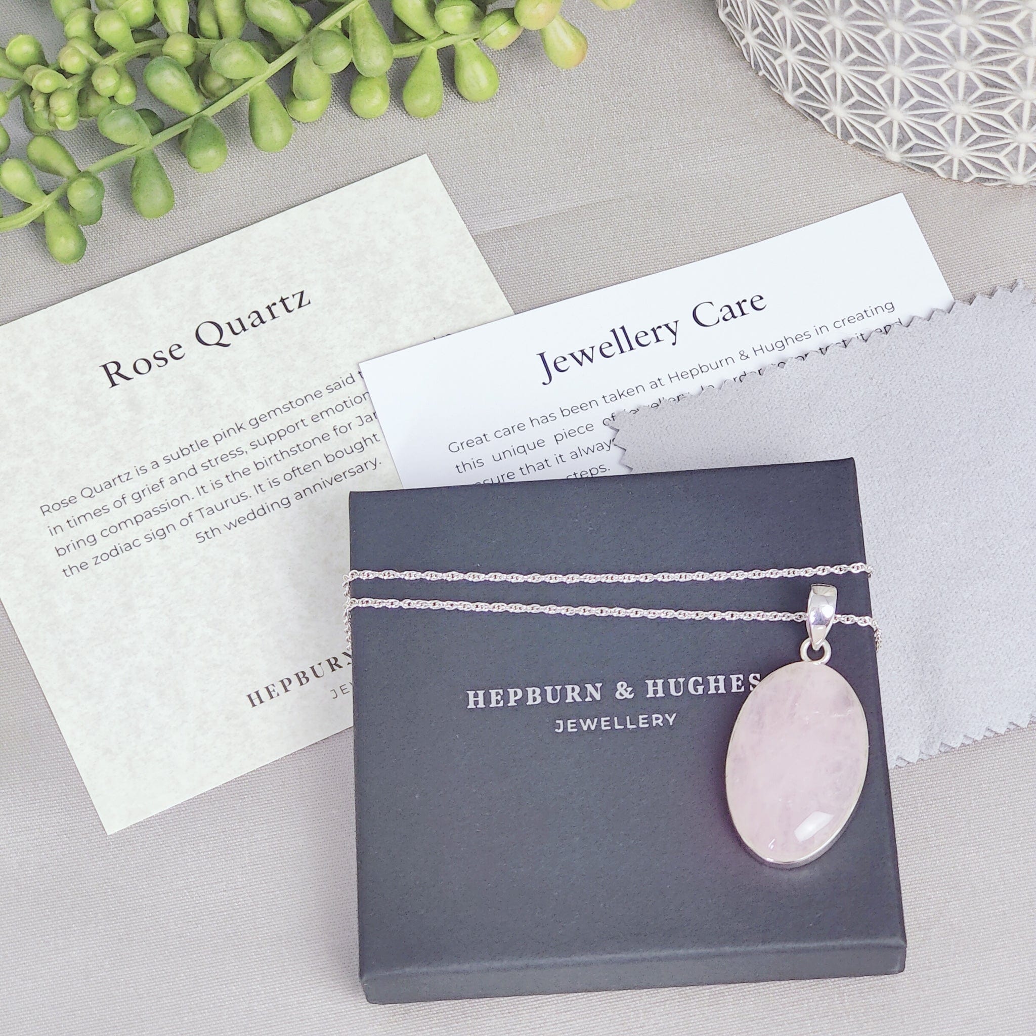 Hepburn and Hughes Rose Quartz Pendant | January Birthstone | Oval | Sterling Silver