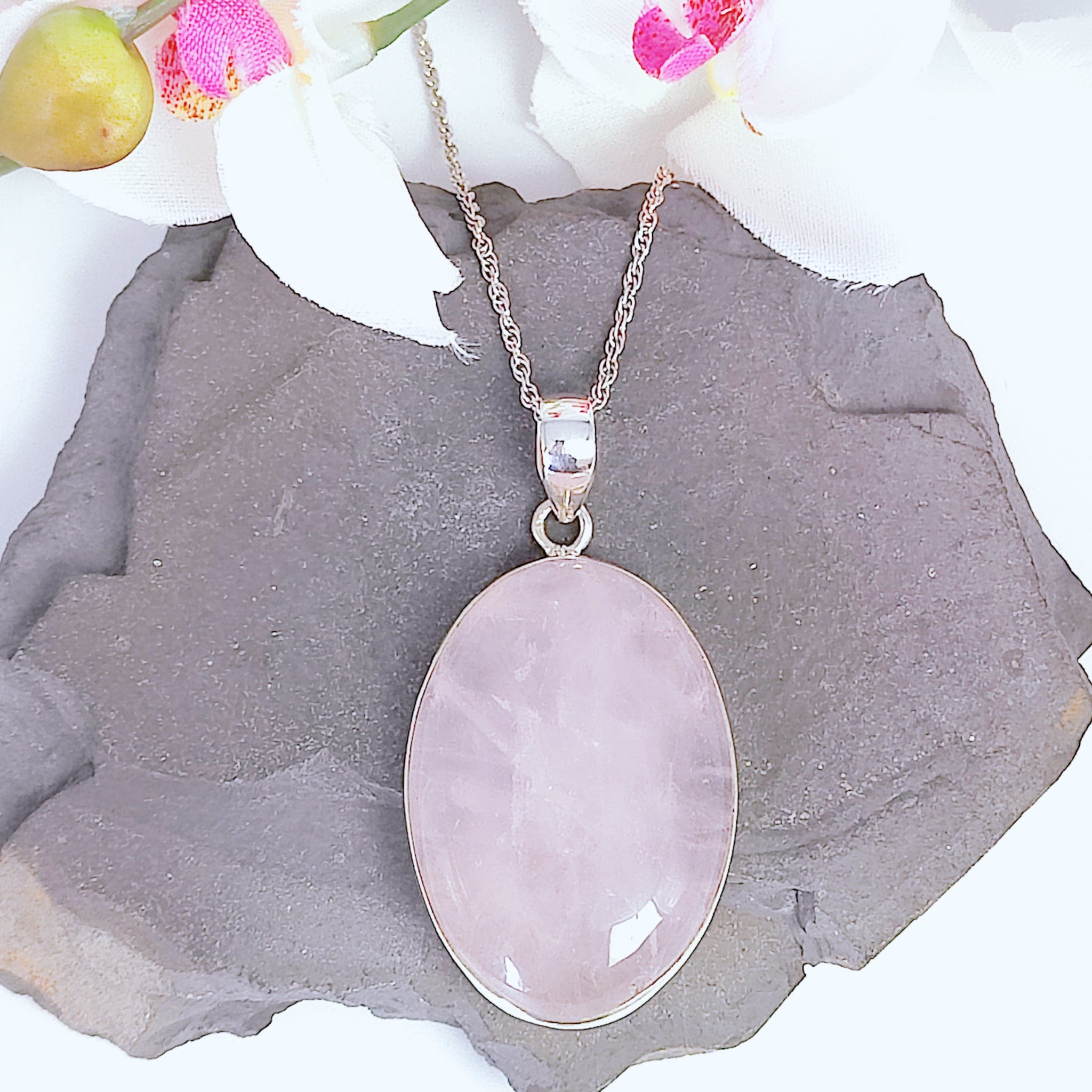 Hepburn and Hughes Rose Quartz Pendant | January Birthstone | Oval | Sterling Silver