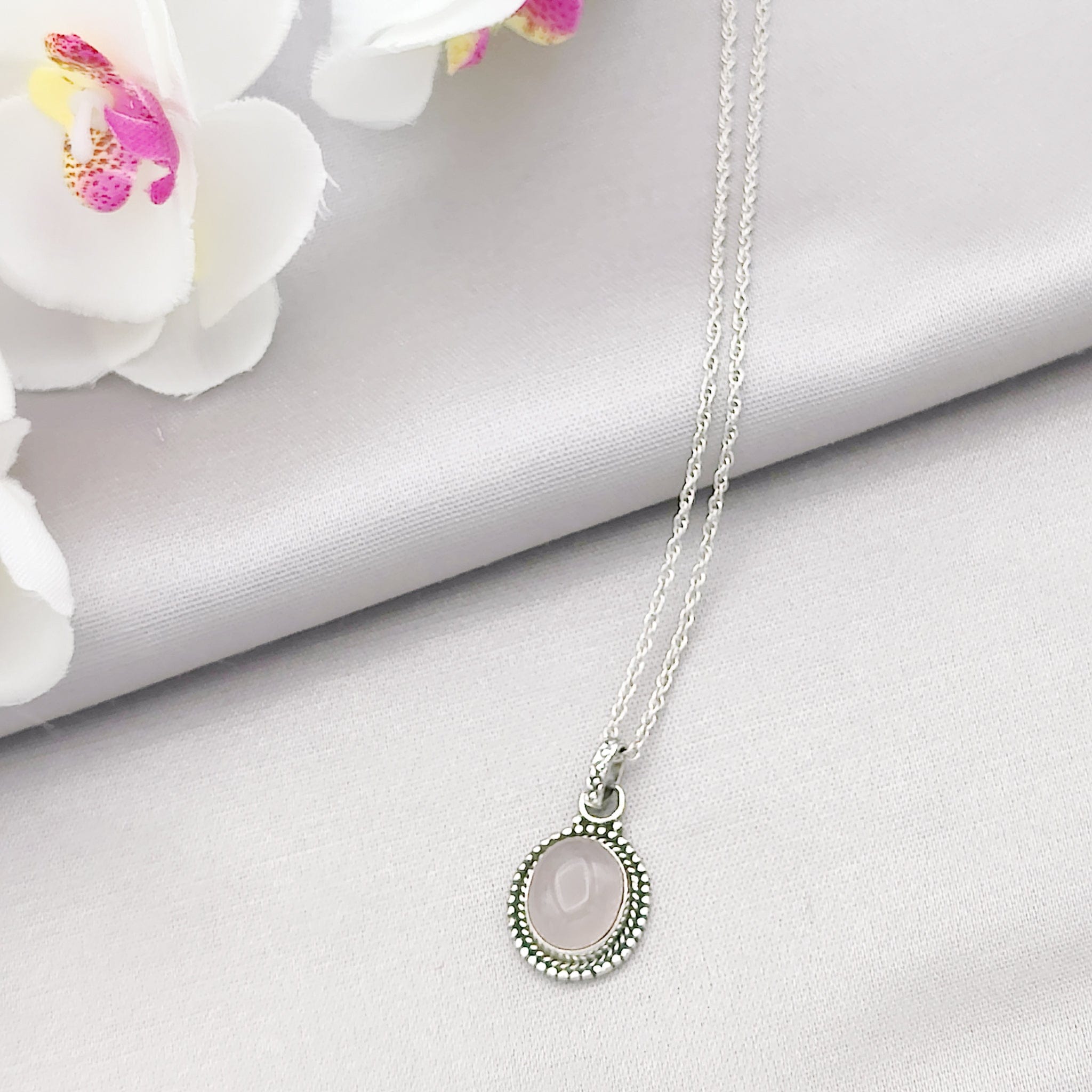 Hepburn and Hughes Rose Quartz Pendant | Ornate Oval | 5th Anniversary Gift | Sterling Silver