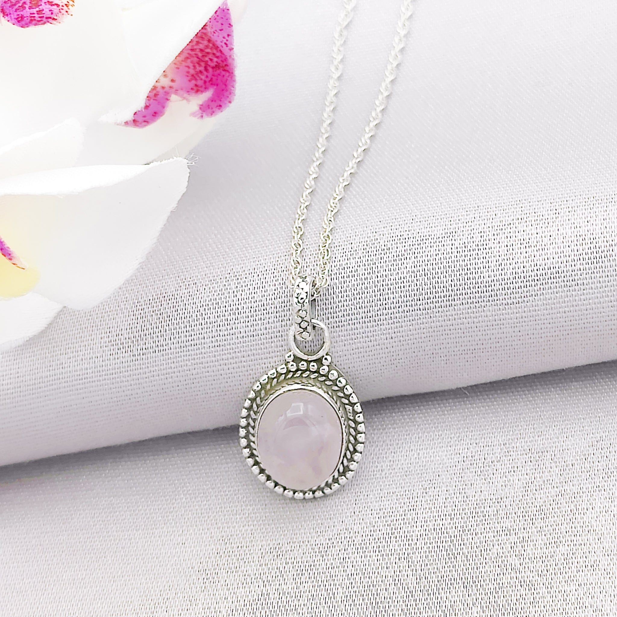 Hepburn and Hughes Rose Quartz Pendant | Ornate Oval | 5th Anniversary Gift | Sterling Silver