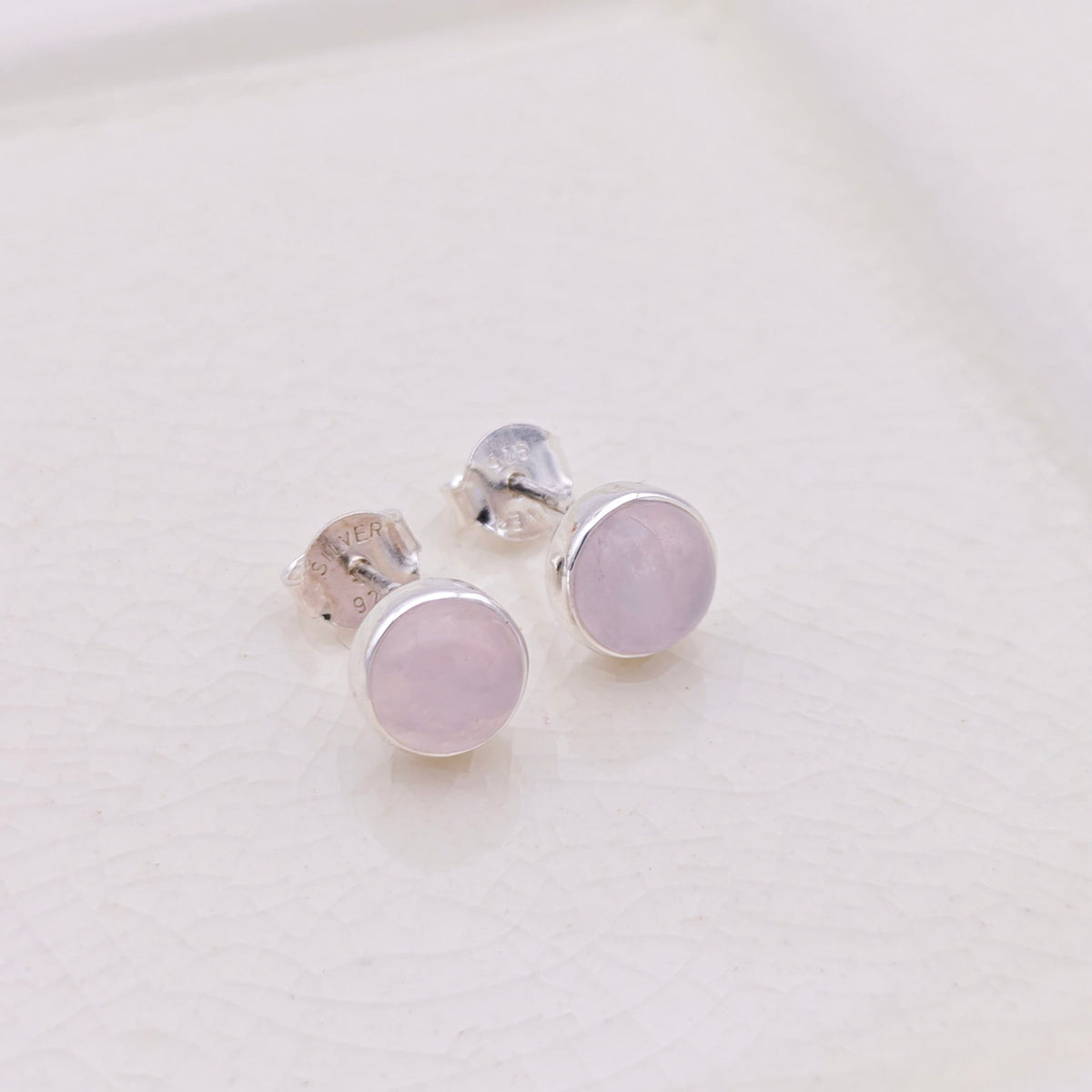 Hepburn and Hughes Rose Quartz Stud Earrings in Sterling Silver | Three Shape Options | January Birthstone