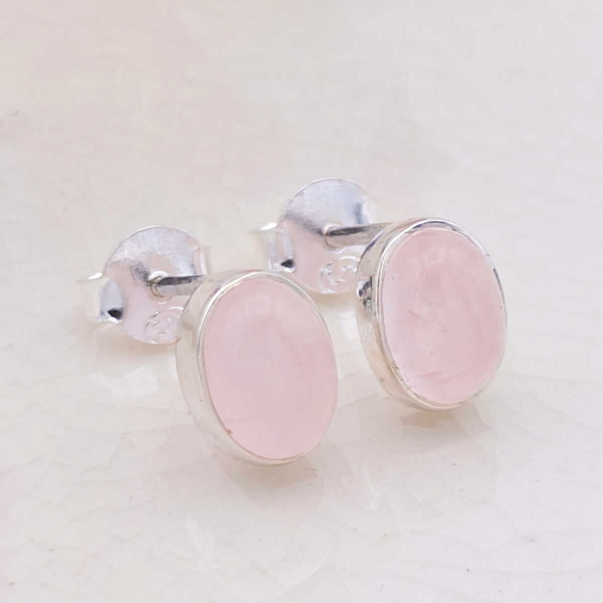 Hepburn and Hughes Rose Quartz Stud Earrings in Sterling Silver | Three Shape Options | January Birthstone