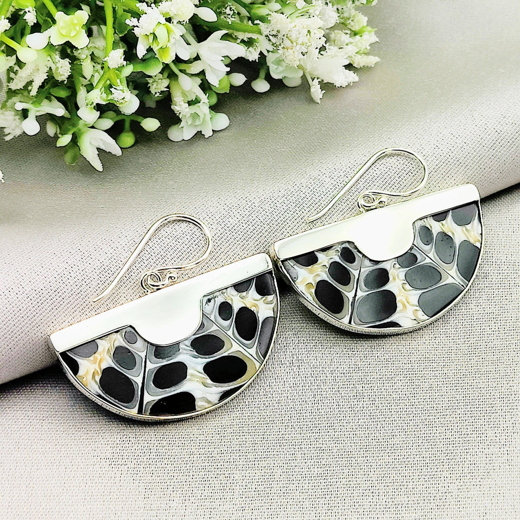 Hepburn and Hughes Seashell Earrings, Black Semi Circle Troca in Sterling Silver