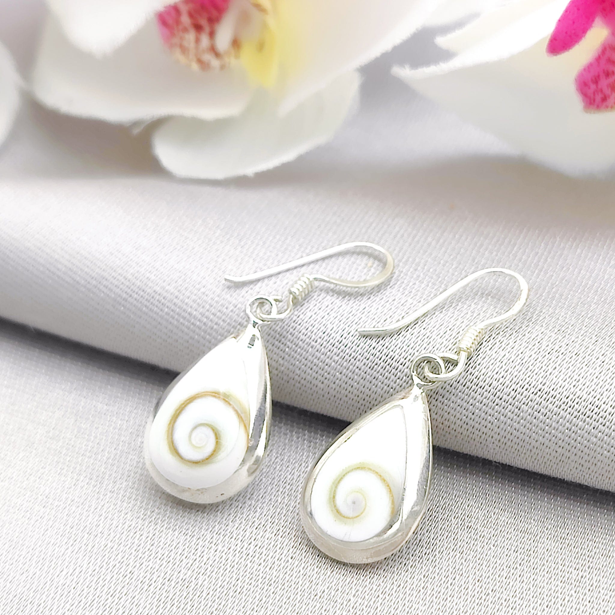 Hepburn and Hughes Shiva Eye Earrings | Reversible with Mother of Pearl | Teardrop | Sterling Silver