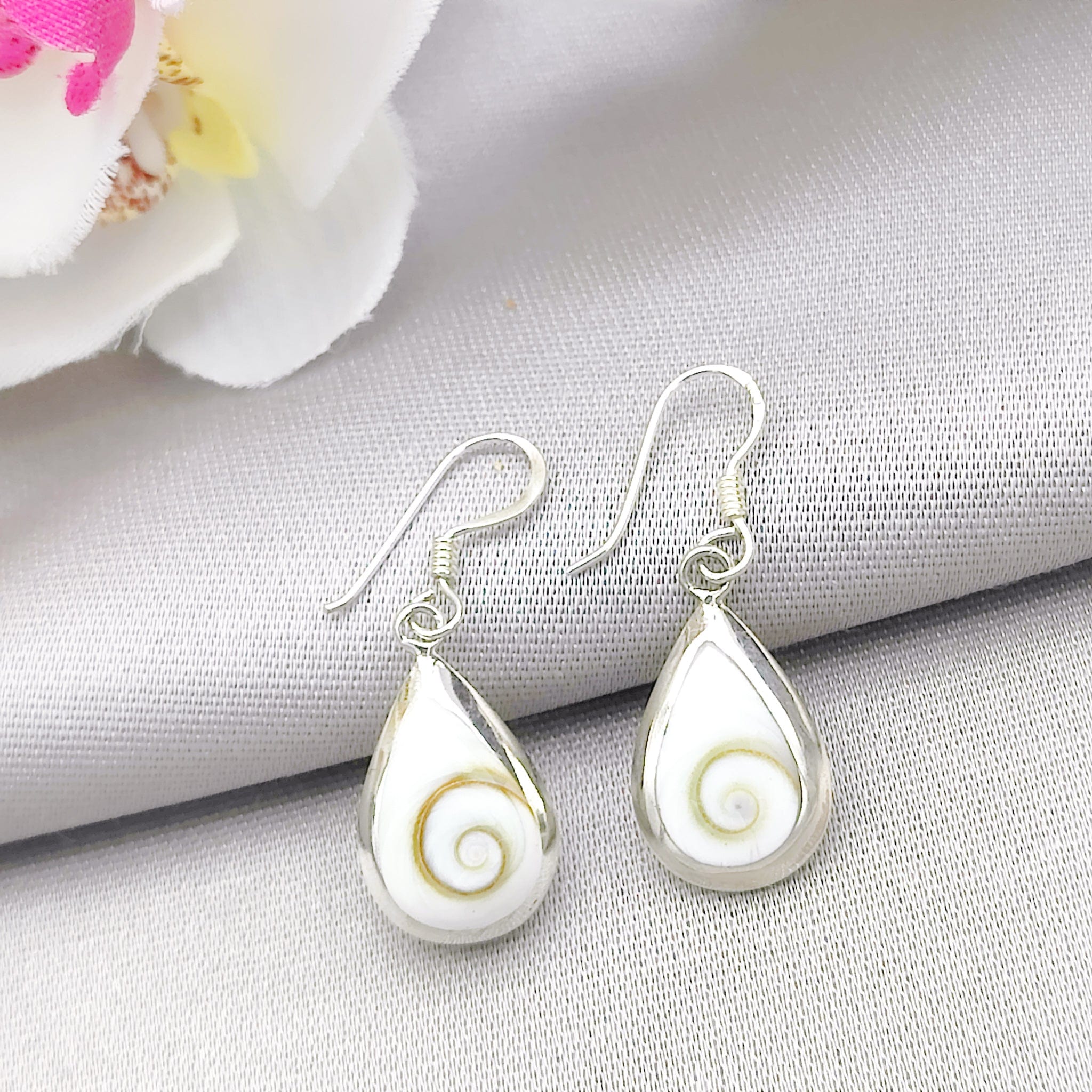 Hepburn and Hughes Shiva Eye Earrings | Reversible with Mother of Pearl | Teardrop | Sterling Silver