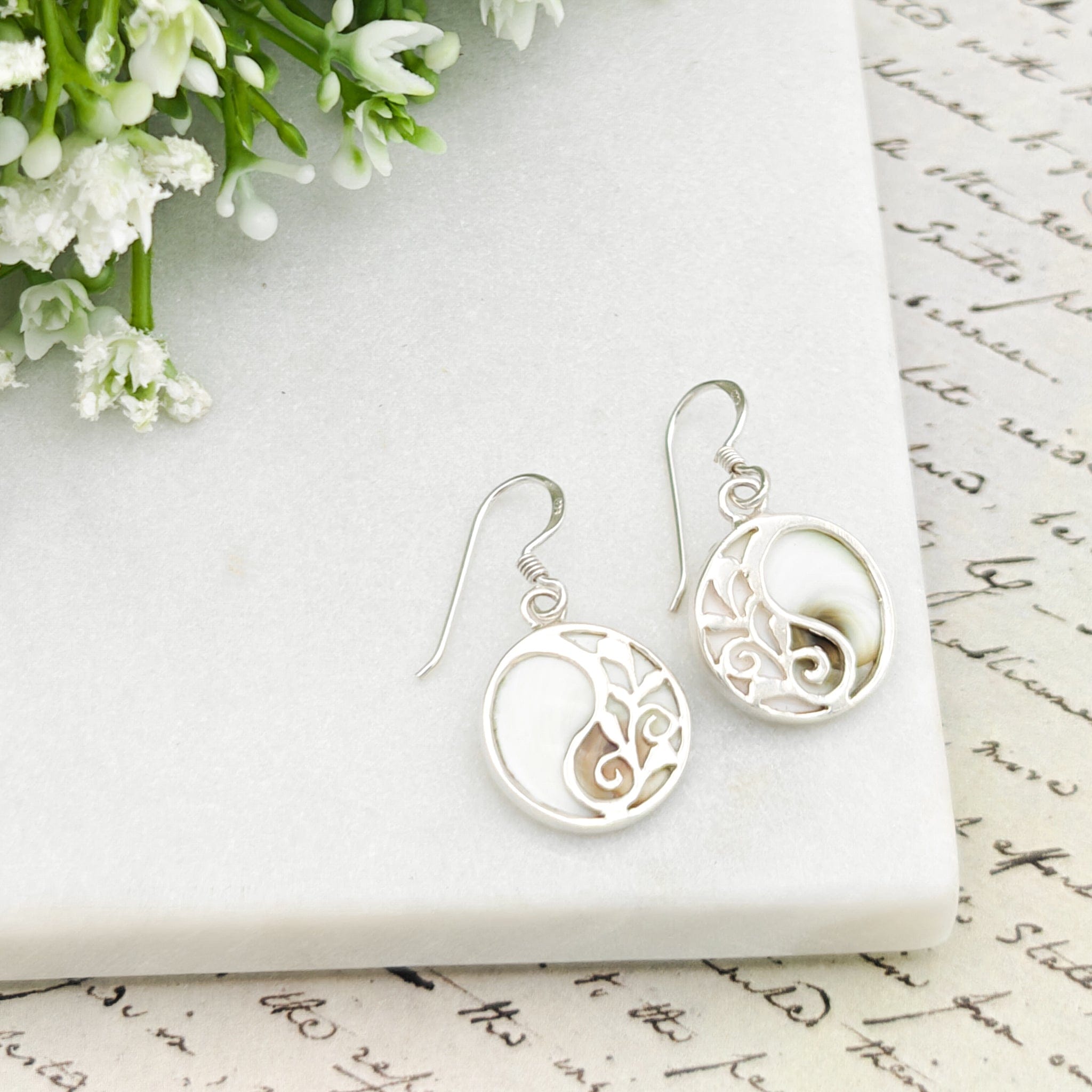 Hepburn and Hughes Shiva Eye Earrings | Yin and Yang Seashells | Circular | Sterling Silver